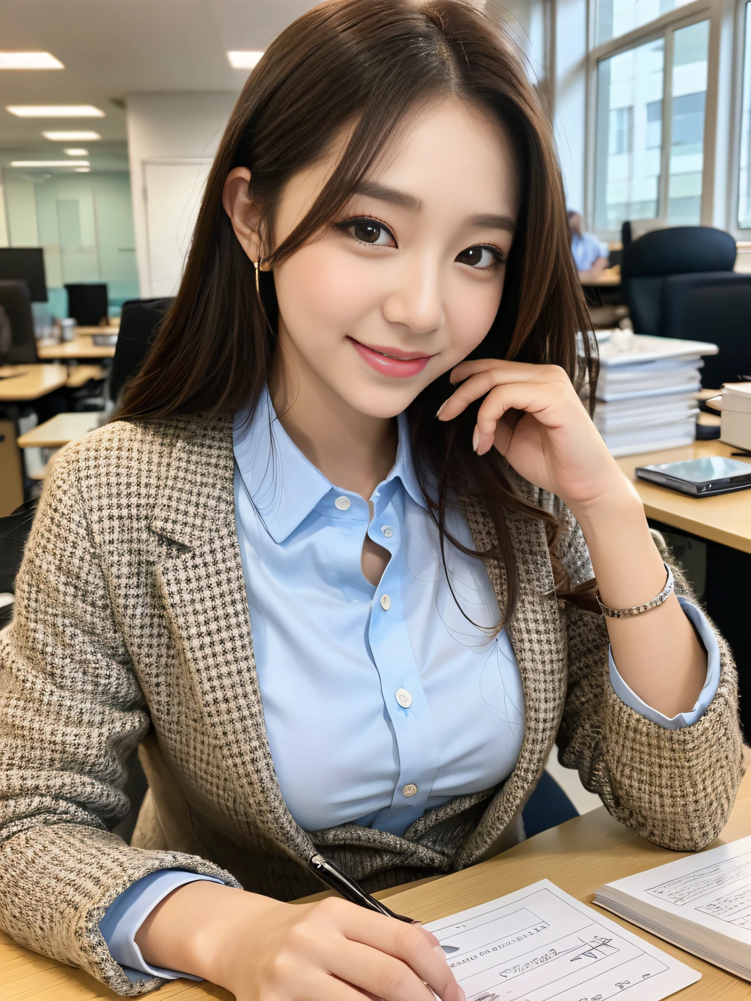 Working at a desk, high quality, ultra-realistic, office lady, makeup, smile, beautiful eyes, beautiful and accurate face, beautiful minion, background is office