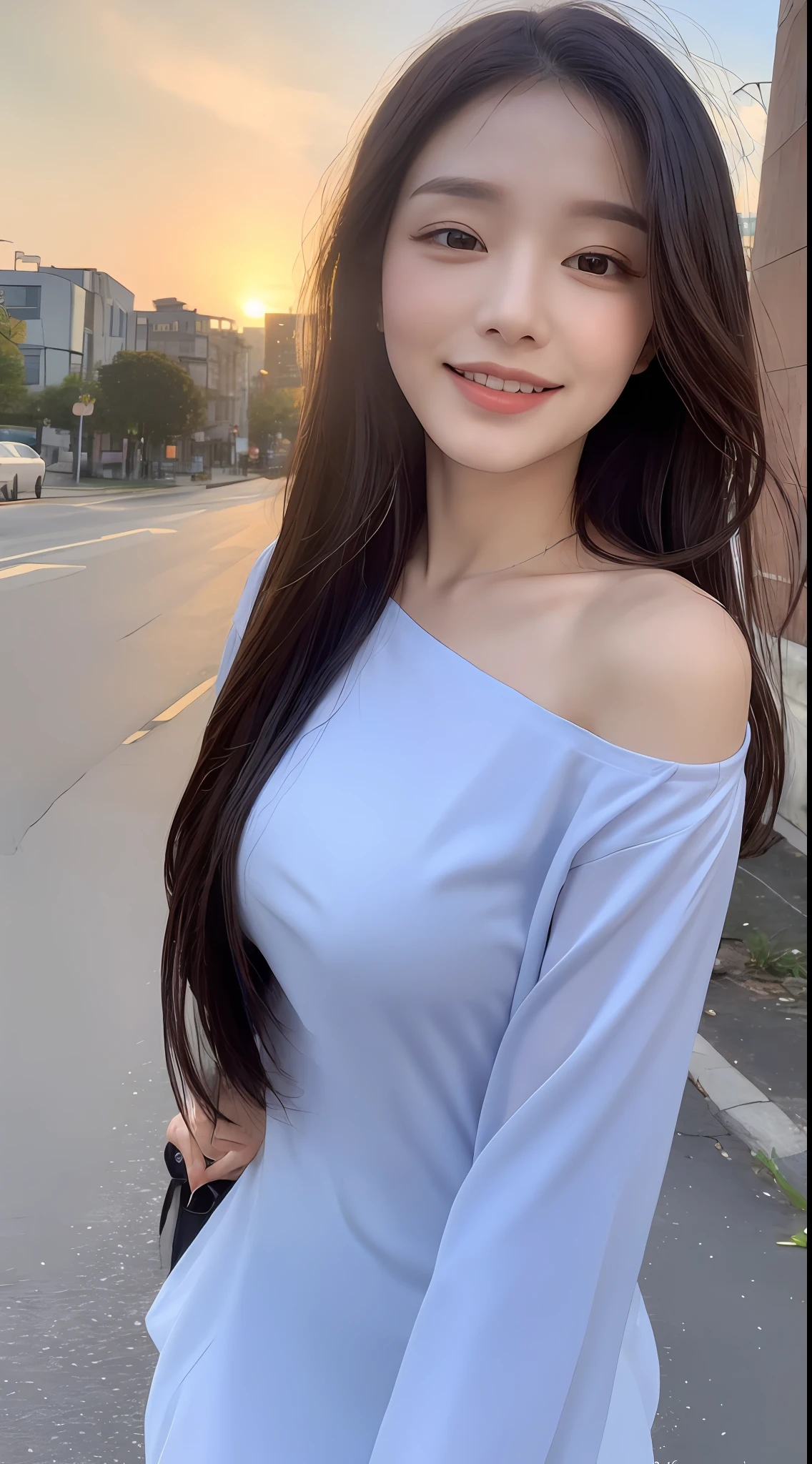 ((Top Quality, 8K, Masterpiece: 1.3)), Focus: 1.2, Perfect Beauty: 1.4, Astock: 1.2, ((Layered Hairstyle, Breasts: 1.2)), (Wet Clothes: 1.1), (Sunset, Street: 1.3), Halfway Flower Dress: 1.1, Highly Detailed Face and Skin Texture, Narrow Eyes, Double Eyelids, Whitening Skin, Long Hair, (Shut Up: 1.3), Smile, Beauty Unreal, Hairstyle Design