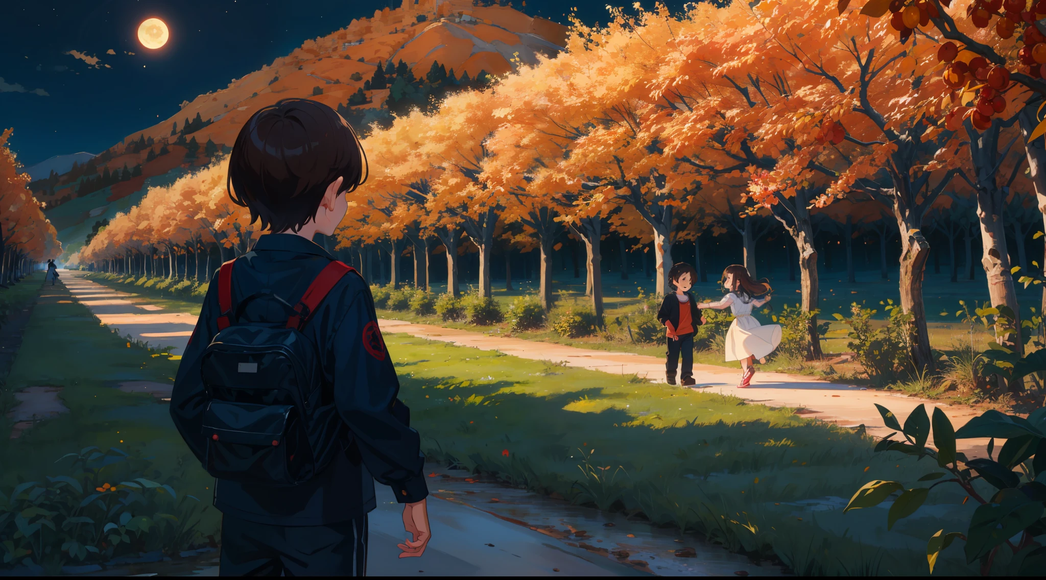 Little boy and little girl frolicking in orange orchards in the moonlight