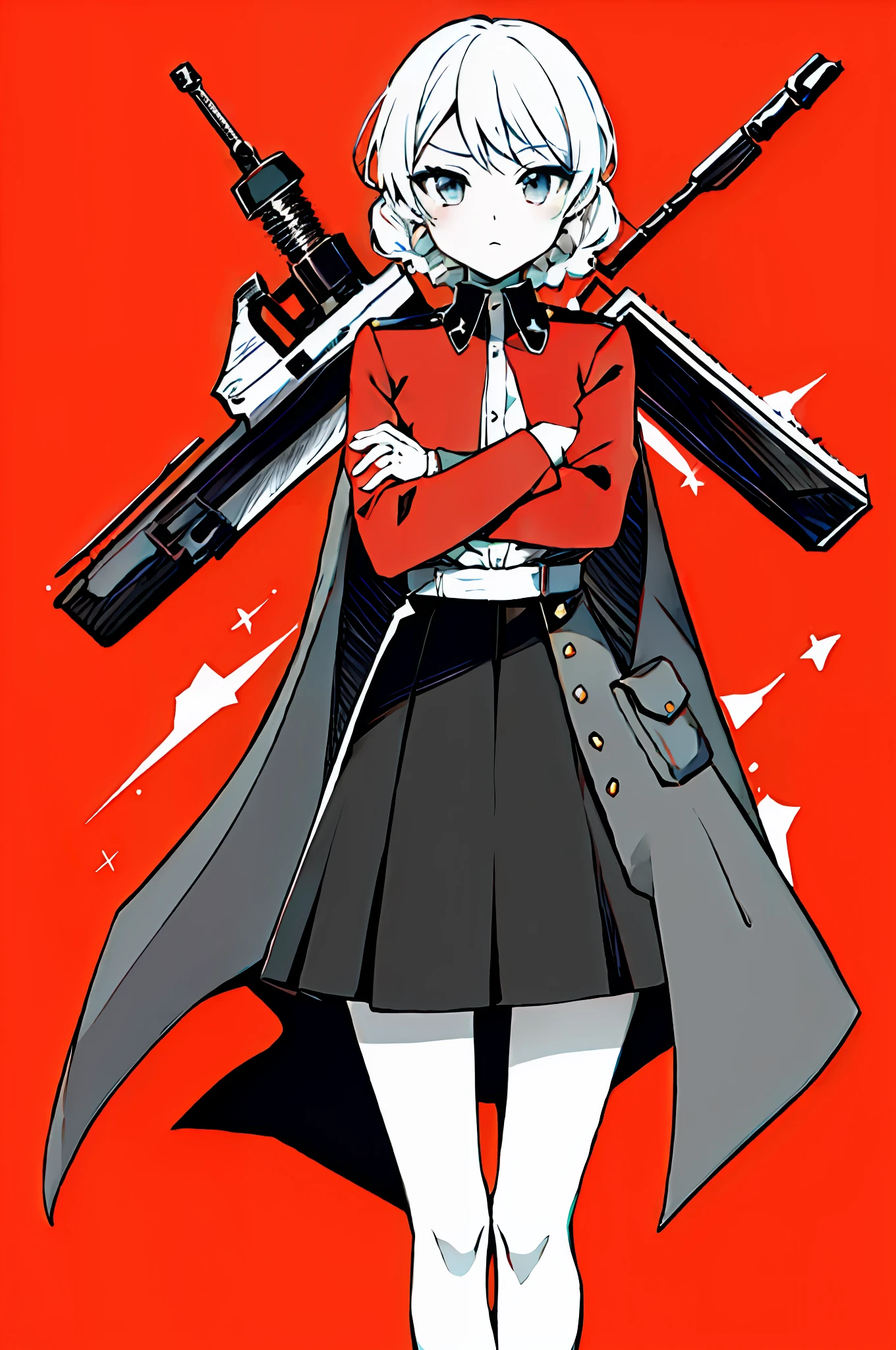 masterpiece, best quality, absurdity, perfect anatomy,one girl, darjeeling, twin braids, short hair, arms crossed, midchest, standing,watch viewer, st. gloriana's military uniform, black skirt, uniform, red jacket,lots of rifles,red_theme,monochrome,simple background,