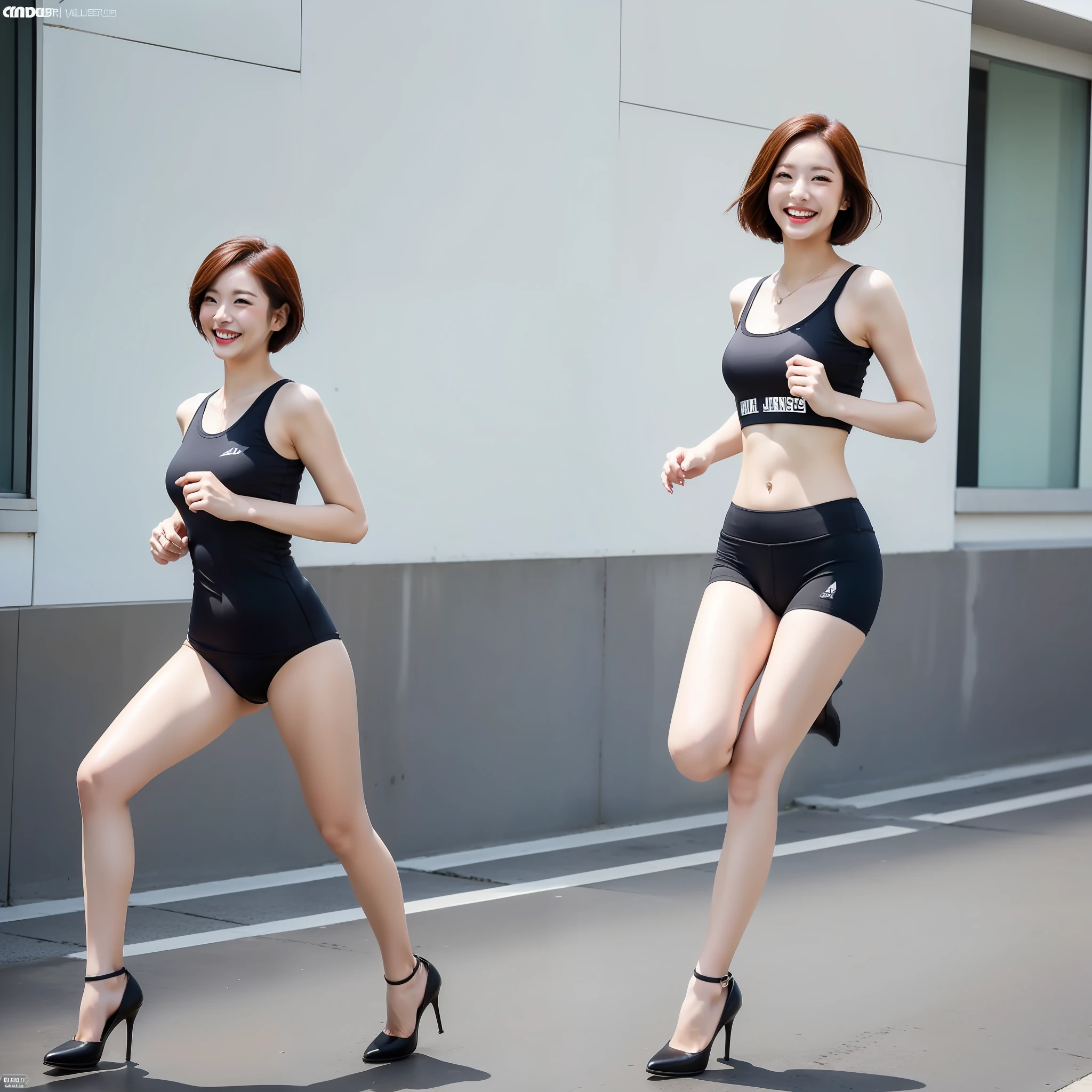 1 beauty with short hair, black milk cover, black panties, high heeled shoes, full body photo, running, smiling
