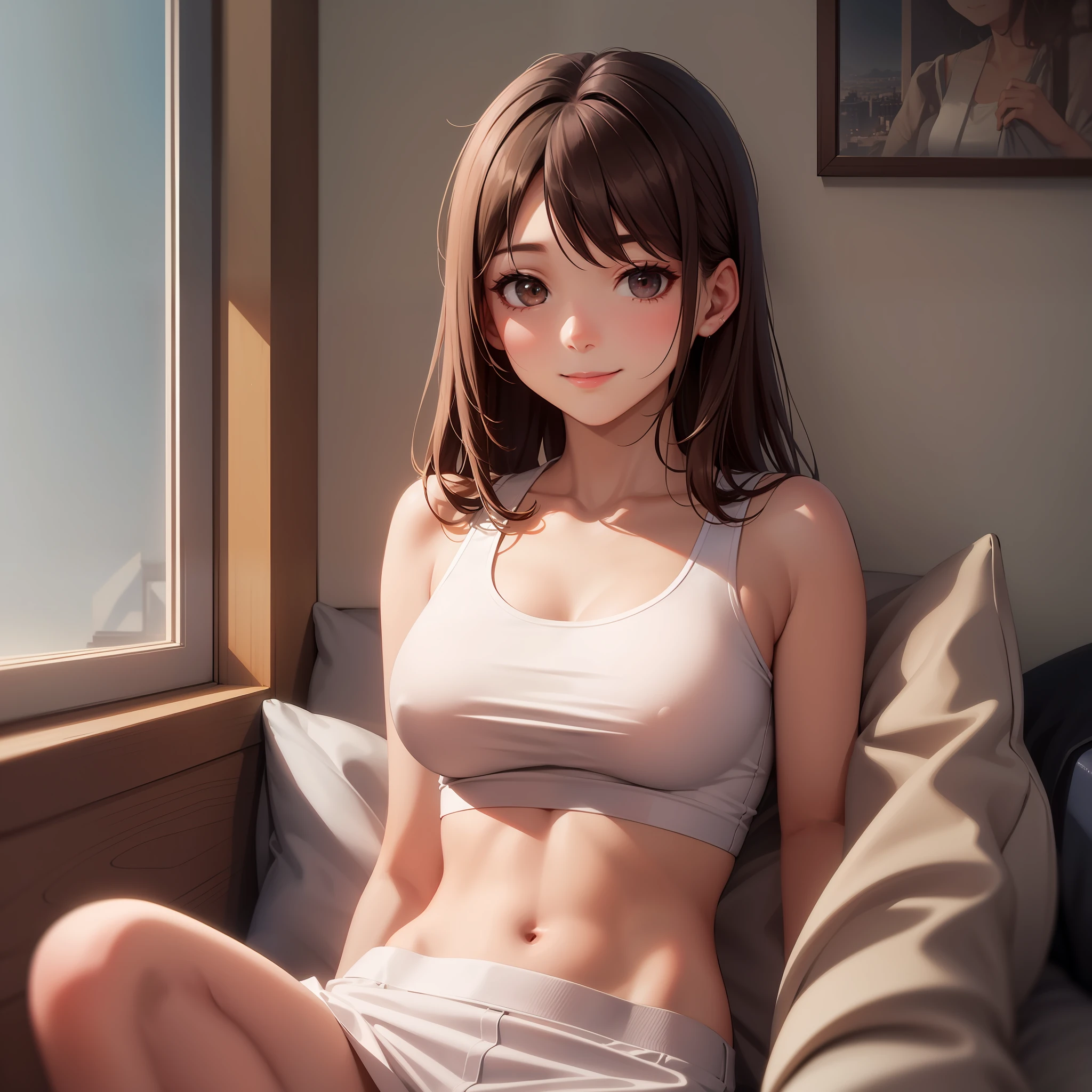 Brown hair, hair bobble, long eyelashes, firm round eyes, light smile, top quality, 1 girl, 20 years old, Japan person, little smile, perfect face, white tank top, cream slit skirt, sofa, 2m away, C cup, semi-long fluffy , , surrealism, drop shadow, anaglyph, stereogram, tachie, gonzo, atmospheric perspective, 8K, Super detail, curated