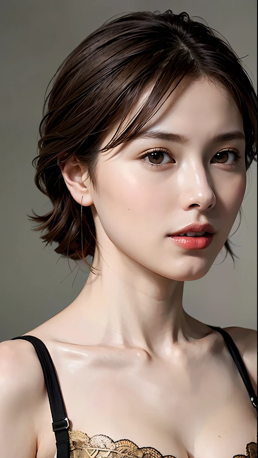 (Masterpiece: 1.3), (8k, Photorealistic, RAW Photo, Best Quality: 1.4), (1girl), Beautiful Face, (Realistic Face), (Black Hair, Short Hair: 1.3), Beautiful Hairstyle, Realistic Eyes, Beautiful Detail Eyes, (Realistic Skin), Beautiful Skin, (Lingerie), Absurd, Attractive, Ultra High Definition, Ultra Realistic, High Definition, Golden Ratio