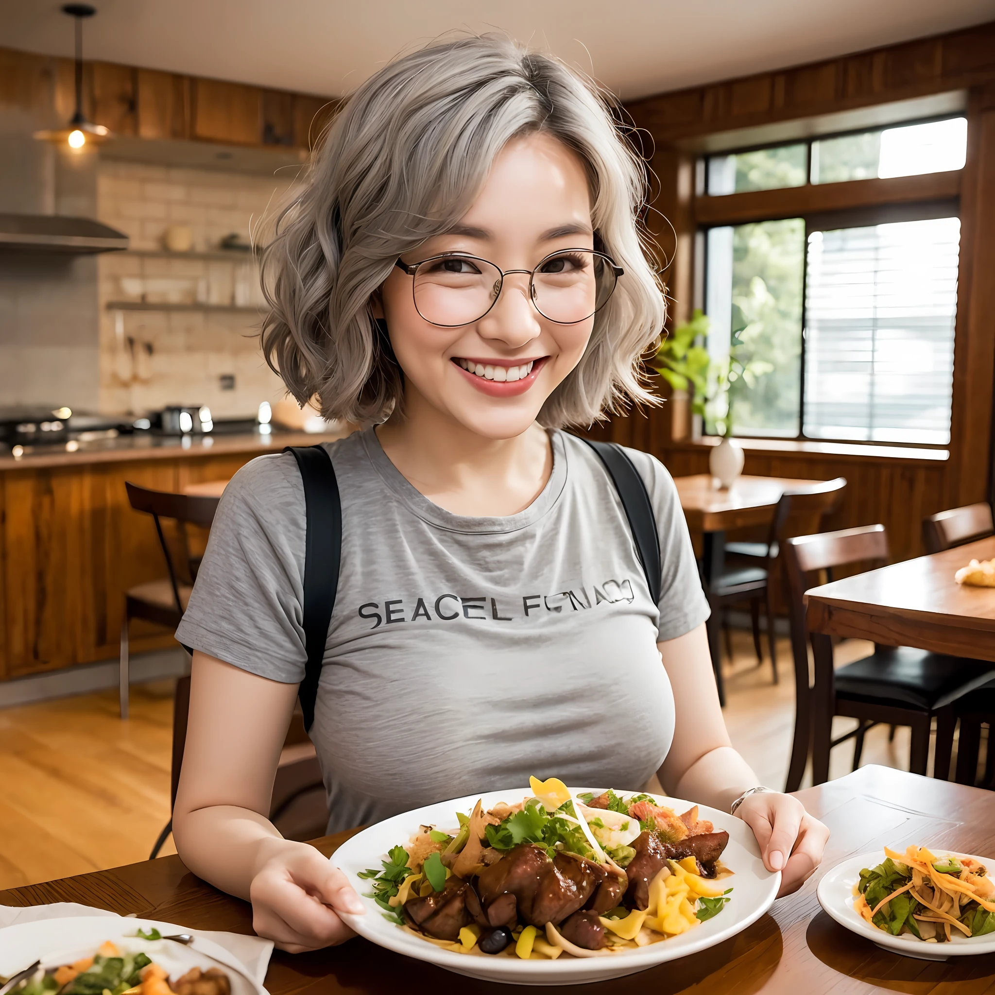 An midle aged asian woman (short wavy gray hair, glasses, wearing a shirts, smiling)  at a table with a delicious meal filled with delicious food and a warm and spacious living room background --auto --s2