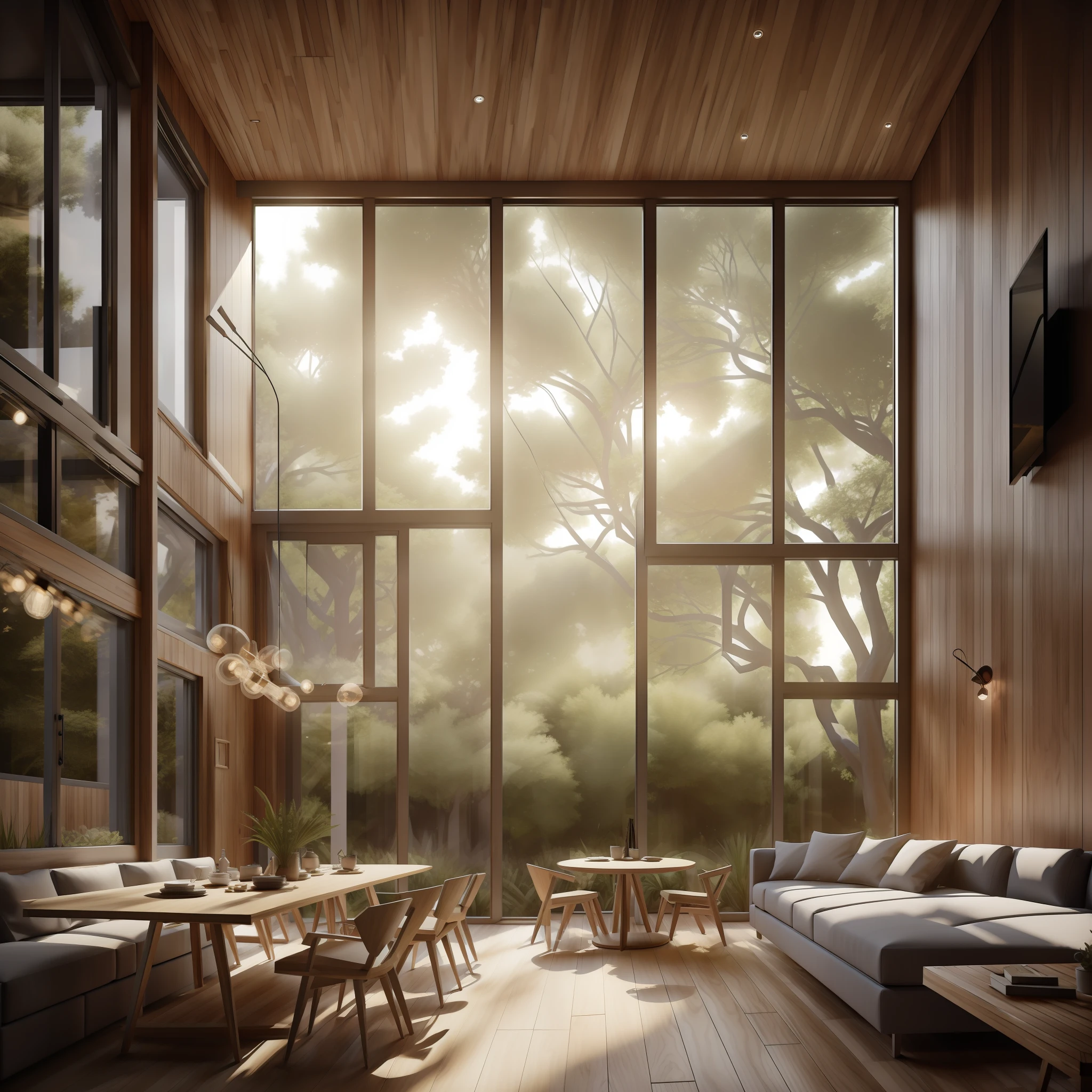 Interior design,insanely detailed wide angle architecture photography, cozy contemporary living room,(bright warm sunlight 1:0.1), award-winning contemporary interior design, scenery, table, chair, indoors, wooden floor, window, restaurant, east asian architecture, sliding doors, lamp, architecture, forest, nature, cup, plant,INTERIOR DESIGN,intersting lights and shadows, Depth of Field,low light, ,