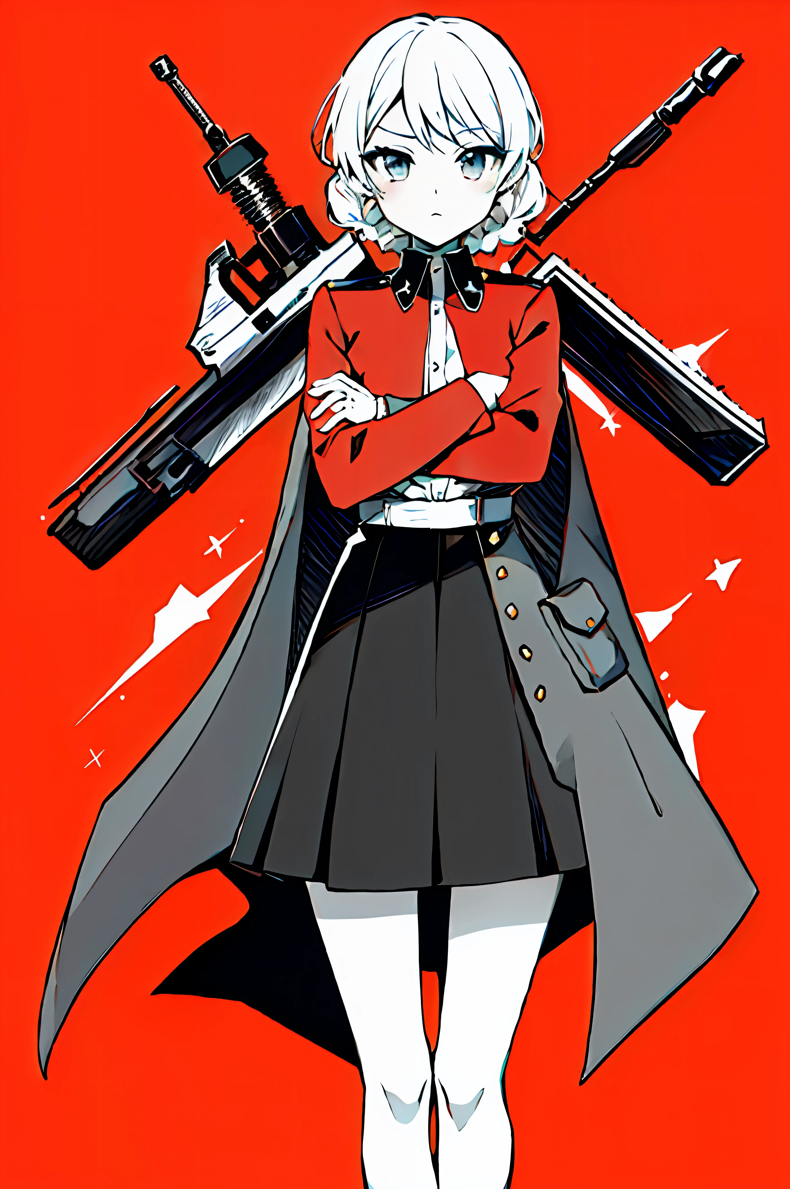 masterpiece, best quality, absurdity, perfect anatomy,one girl, darjeeling, twin braids, short hair, arms crossed, midchest, standing,watch viewer, st. gloriana's military uniform, black skirt, uniform, red jacket,lots of rifles,red_theme,monochrome,simple background,