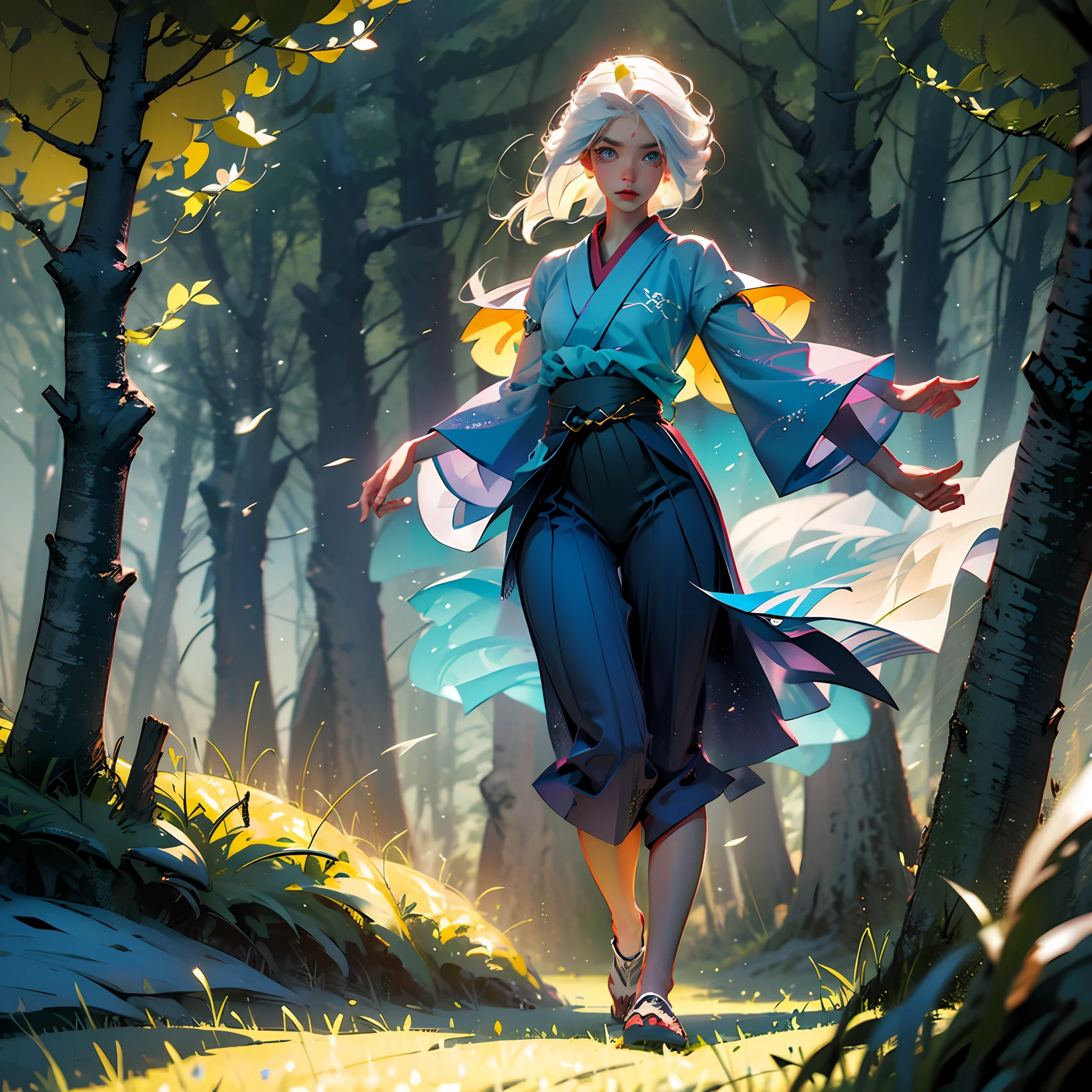 Sautoro gojo/jujutsu no kaise, blue eye color, white hair (landscape a forest at dusk), clothes a blue kimono. --auto