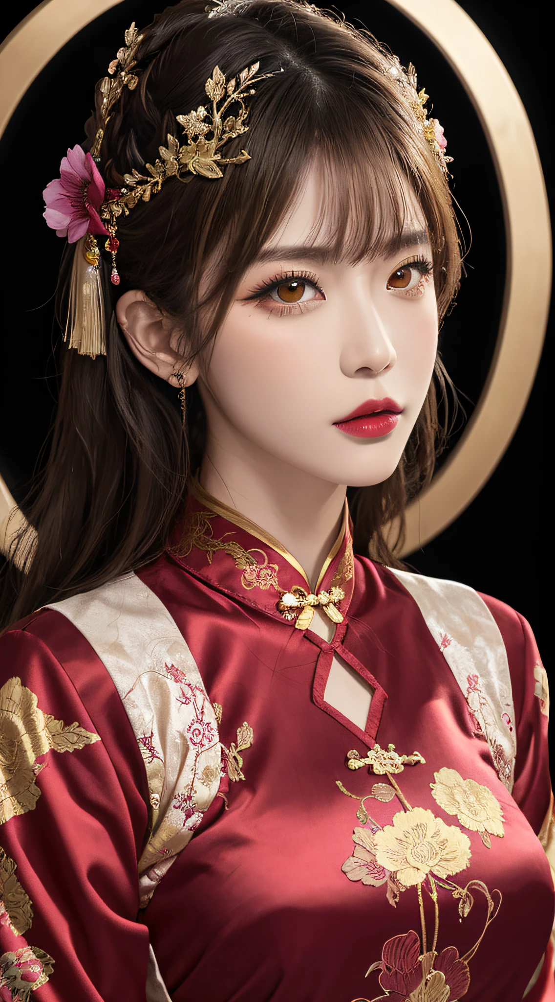 Woman wearing red and gold dress, flower background, palace, hanfu girl, wearing red cheongsam, chinese style, with ancient chinese costume, wearing ancient chinese costume, traditional beauty, Chinese Traditional, chinese girl, cheongsam, chinese costume, chinese princess, hanfu, chinese traditional clothing, chinese costume, 1 27-year-old girl, 1 zodiac goddess from the future, goddess of the pink and purple 12 zodiacs, the goddess of the zodiac in a yellow ao dai, a 12 zodiac ao dai with many black lace detail, mythology Goddess of the 12 zodiacs from the future, zodiac ♏, luxurious glittering zodiac style, dark and mysterious version, zodiac crown, lipstick lips red, thin and beautiful lips, mouth closed, characters made by karol bak and pino daeni, intricate detail, detailed background, extremely detailed, light magic, a woman, clear face, hair long with bangs, beautiful face in detail and well-proportioned eyes, (transparent yellow eyes: 1.8), big round eyes and very beautiful and detailed makeup, foresight, silk dress, mysterious makeup , double bangs and dyed light blonde , upper half portrait, zodiac goddess portrait, arms hanging loosely, Realistic and vivid photo, (stars make up the zodiac: 1.7), (sky background zodiac and fictitious space and time portal: 1.8), fiction art, RAW photo, hanfu picture, best photo, best photo quality, 8k quality, 8k ultra, super realistic, real photo most economical, the goddess poses sexy and seductive,