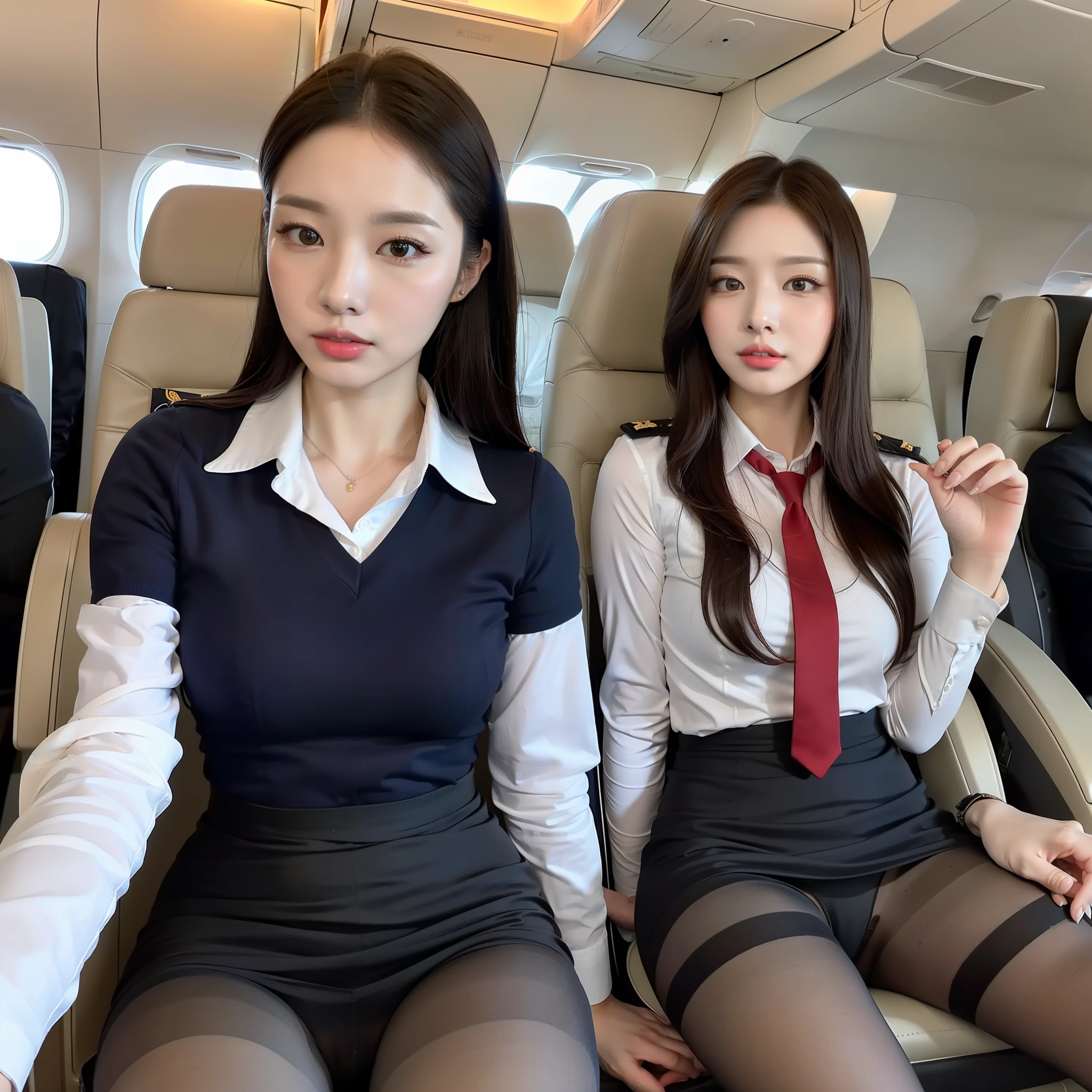 (best quality, masterpiece, intricate details:1.4),
1 girl, solo, (korean mixed, kpop idol:1.2),
pale skin,looking at viewer, facing front, medium breasts, slim, (airplane interior:1.2), stewardess, (stewardess uniform:1.3), ((pantyhose)), high heel, perfect face, red lips, mature female, makeup,