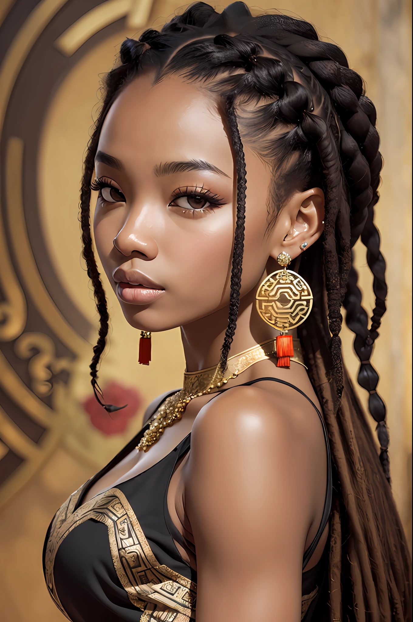(masterpiece), (4k quality), (detailed), 1girl, African-Asian, Nigerian-Chinese, brown eyes, black hair, short hair, ((dark skin)), monolid eyes, nubian nose shapes, African lips, epicanthal folds, earrings, dreadlocks, braiding hair, Chinese dress, necklace