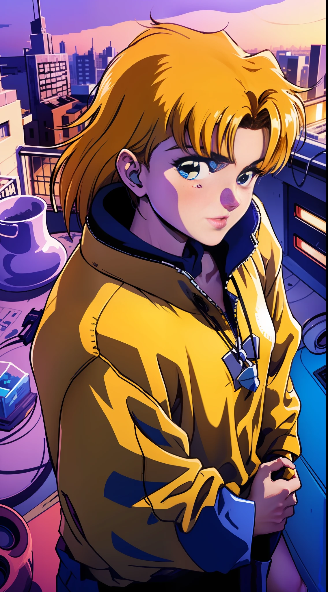 (best quality, masterpiece), 1girl, looking at the viewer, blurred background, perfect upper body, contemporary, dress,a beautiful young anime girl of mature appearance wearing a red jacket watching the landscape from the balcony of an apartment overlooking the city at night,golden ratio, uncensored, not censored, 3 0 4 0 x 1 4 4 0 detailed pixel art, 3 0 4 0 x 1 4 4 0, 32-bit pixel art, vibrant pixelated art, colorful detailed pixel art, carefully detailed anime pixel art, originally detailed vibrant anime pixel art, perfect proportions, pc-98 pixelart, policenauts style pixel art, 1 6-bit colors