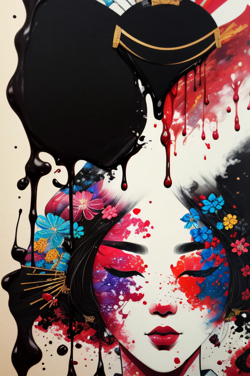 smudge art,cores pasteis(1geisha)drips,melt,flowers background