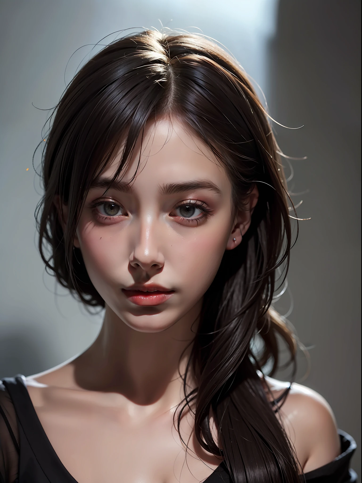 Best quality, masterpiece, ultra high res, (photorealistic:1.4), raw photo, 1girl, offshoulder, in the dark, deep shadow, low key, cold light