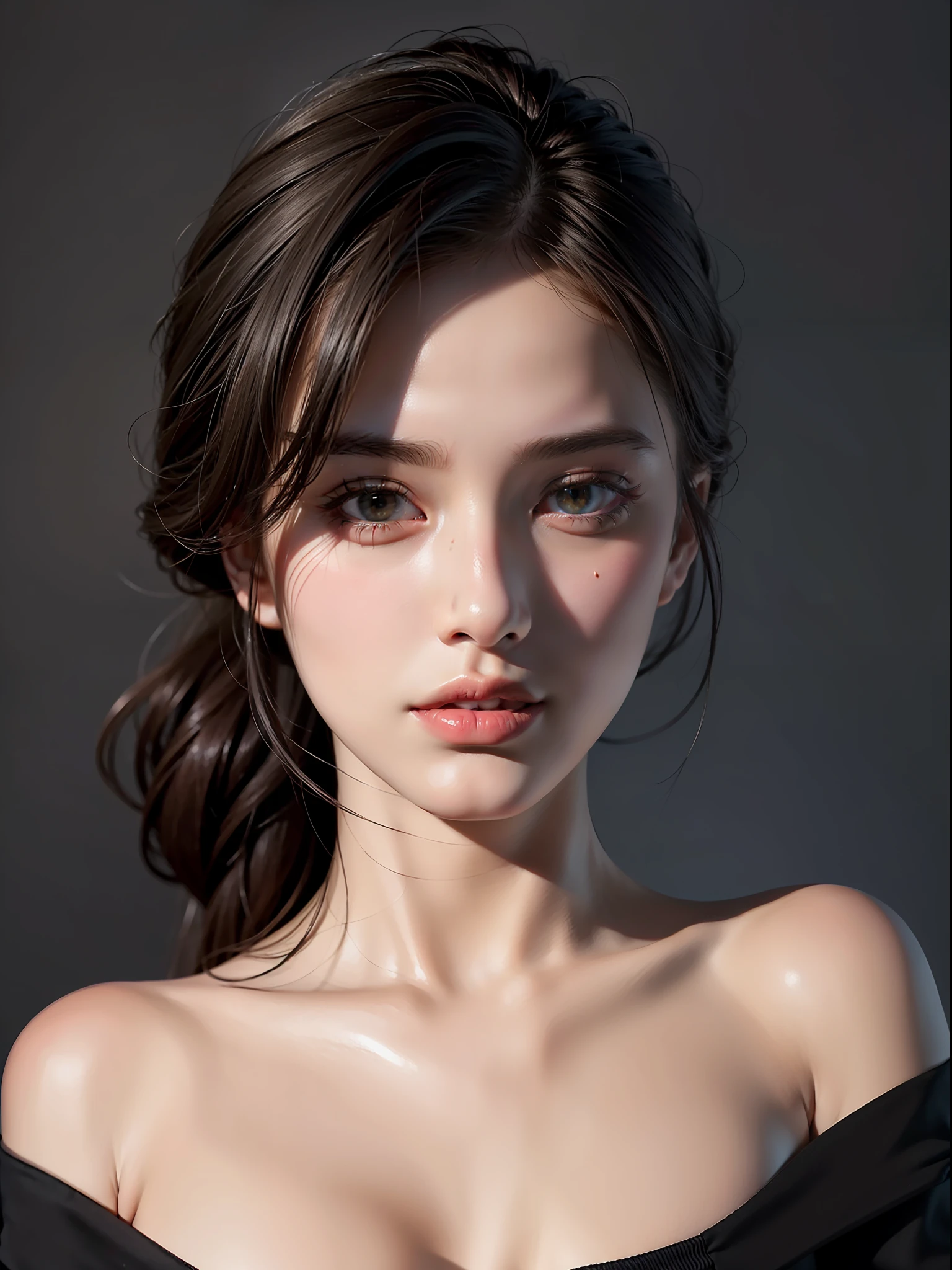 Best quality, masterpiece, ultra high res, (photorealistic:1.4), raw photo, 1girl, offshoulder, in the dark, deep shadow, low key, cold light