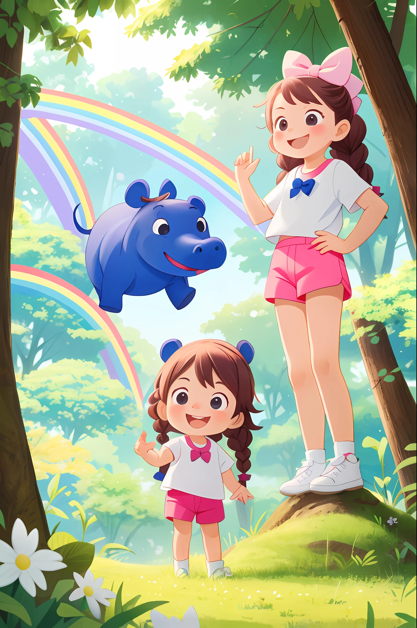 Q version of  girl, smiling, blue long hair braid, bow on head, white top, pink shorts, and white cute hippopotamus, background forest park with rainbow 🌈