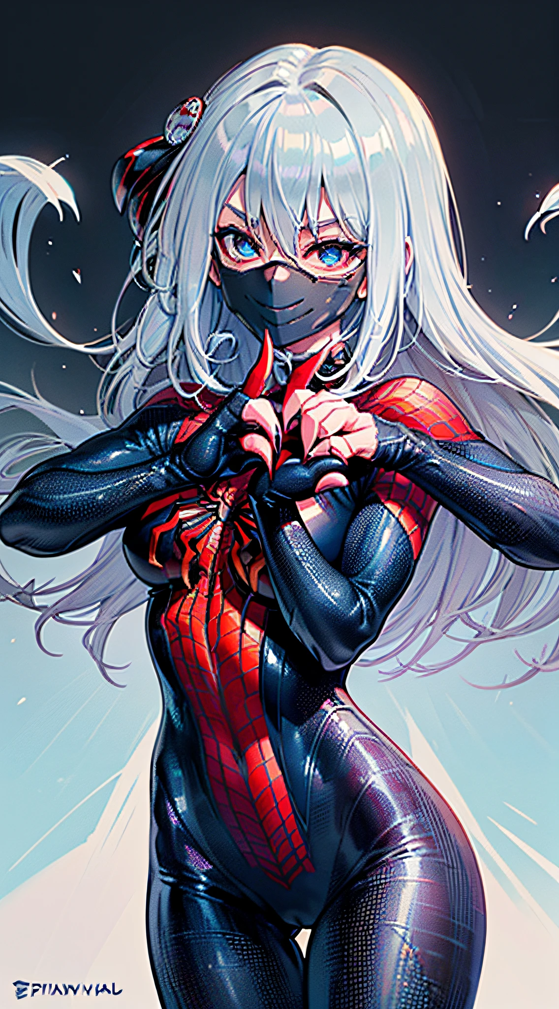 (masterpiece), (best quality), highres, kei1, 1girl, solo, ((Full spider-man mask covering face)), (((long gray hair))), (((wears a detailed black female spiderman costume with mask and she has a battle pose with sharp claws made of ice on her fingernails and has normal person arms))), spider web-shaped ribbon,  bangs, long hair and price, collar bone, gray hair, black hair band, neck ribbon, hair between eyes, medium-sized breasts, cowboy shot, smile, ((detailed anatomically correct body with detailed hands without errors)), ((She has battle pose with sharp claws made of ice)), (she is shooting spider webs like spider-man but with sharp ice),  (escenario complete detallado)