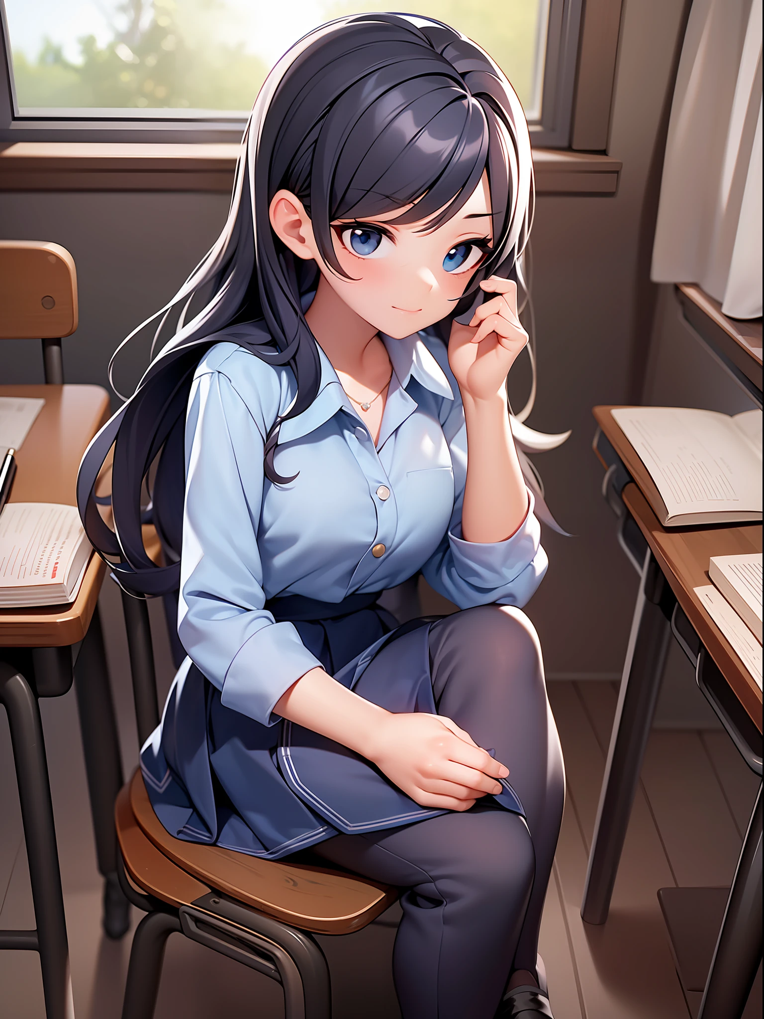 A dedicated girl is sitting at her desk in the classroom, immersed in her studies. She is wearing the school uniform, which may include a button-down blouse, skirt or pants, and proper shoes. Her hair is stuck in a neat hairstyle, demonstrating her commitment to discipline and learning. She has books and notebooks open in front of her, meticulously arranged. The classroom is quiet, with the windows letting in natural light, creating an environment conducive to concentration. The girl is focused on her work, with her eyes fixed on the didactic material, evidencing her determination to learn. There is a sense of tranquility and purpose as she devotes herself to her studies, taking advantage of all the learning opportunities the school offers.