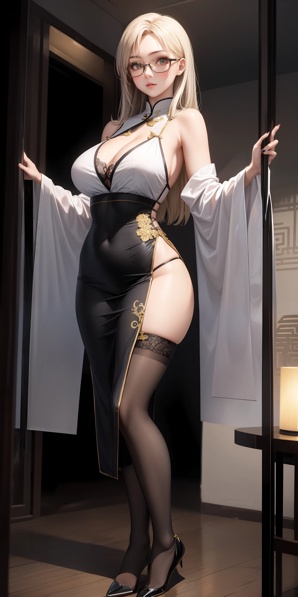Realistic, 1girl, sexy body, sexy pose, sexy styling, sexy expression, delicate facial features, black glasses frames, beautiful eyes, light blonde hair, long hair, ultra-fine hair, floating hair, plump breasts, tight and upturned hips, black tight high-forked cheongsam, high-forked tight long skirt, embroidered gold lace, light-colored tight white stockings, black block heels, figure in the center of the frame, delicate five fingers, pale nails, open black fan in hand, fan with yellow tassels, Glowing eyes, cropped top, parted lips, blush, Chinese dragon element in the background