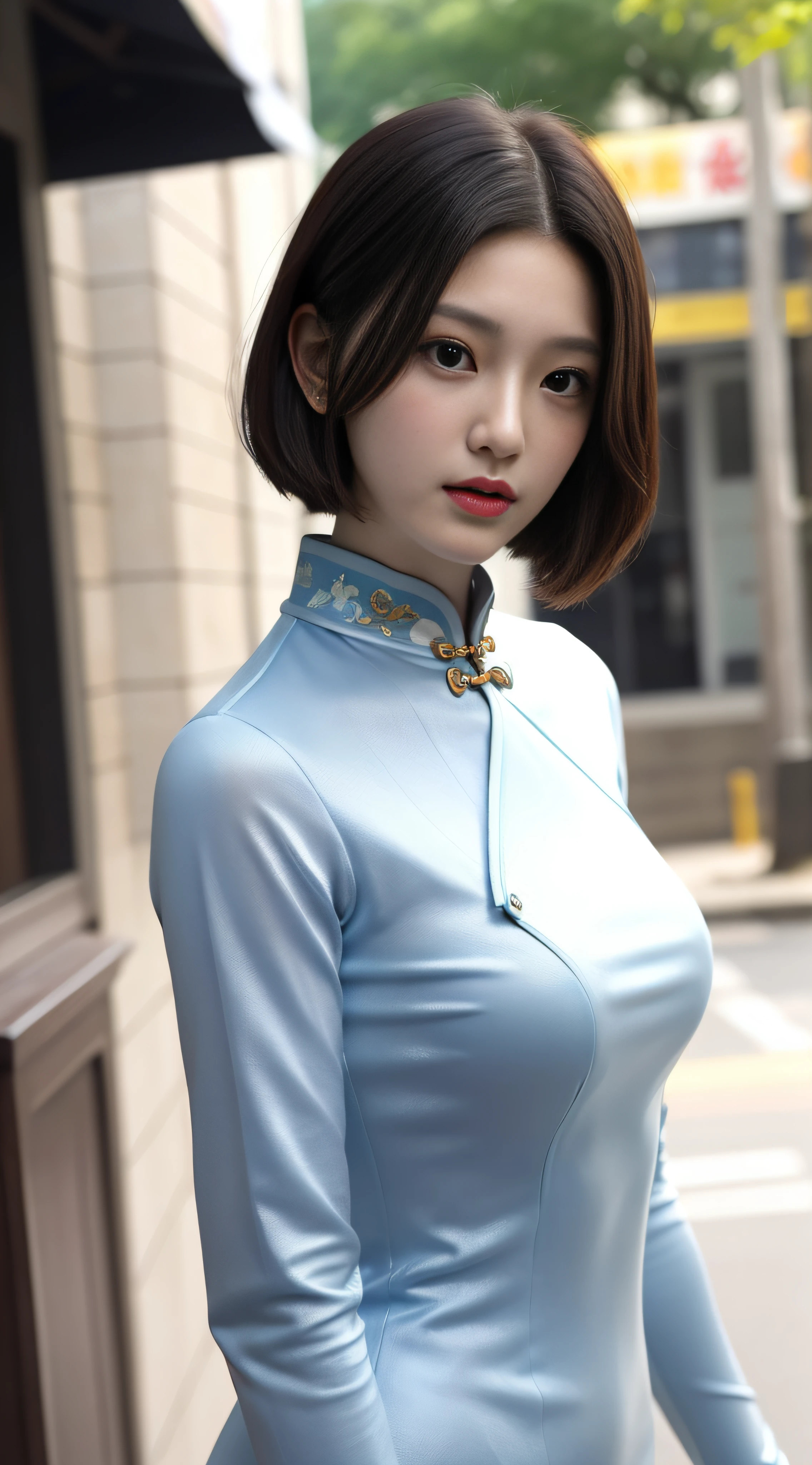A beautiful girl, exquisite facial features, exquisite face, black Hong Kong style short hair, exquisite hairstyle, beautiful and pure, refined temperament, model figure, slim and slender figure, noble cheongsam, upper body close-up, 8k resolution, the highest picture quality, real texture 5.0, Cosmo Lady, street, chairman secretary, mature women, thin face