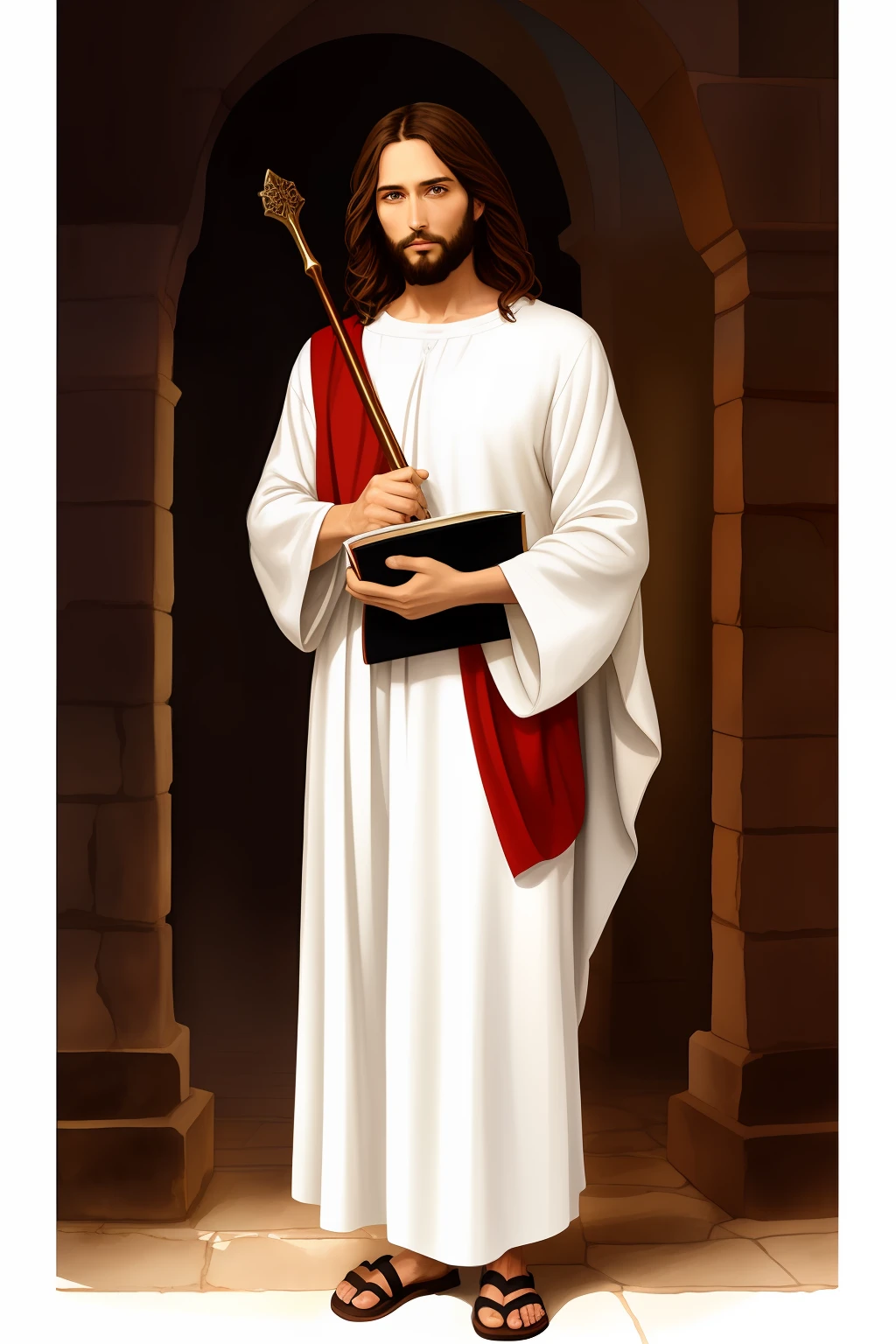 A beautiful ultra-thin realistic portrait of Jesus holding the Bible, the prophet, a 33 year old man Hebrew brunette, short brown hair, long brown beard, with staff in hand, wearing long linen tunic closed at the chest part, in front view, full body, biblical, realistic, Digital art, style, watercolor