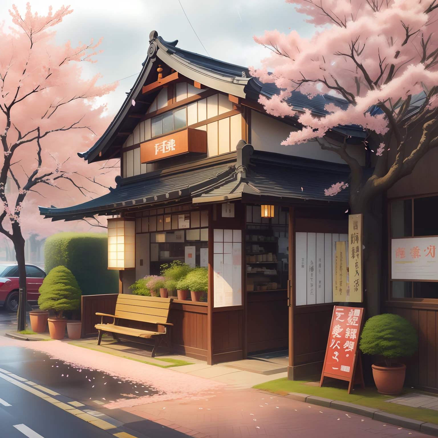 japanese street corner, urban, cherry blossom trees, falling leaves, raining, plant pots, signs, lanterns, coffee shop