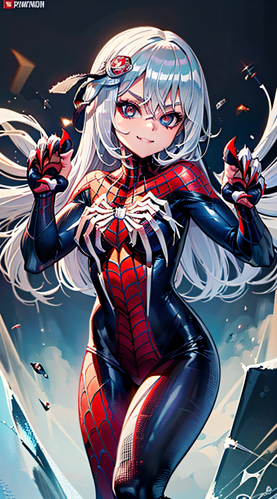 (masterpiece), (best quality), highres, kei1, 1girl, solo, ((long gray hair)), (((wears a detailed black female spiderman costume with mask and she has a battle pose with sharp claws made of ice on her fingernails and has normal person arms)))), spider web-shaped ribbon, bangs, long hair and price, collar bone, gray hair, black hair band, neck ribbon, hair between eyes, medium-sized breasts, cowboy shot, smile, (((detailed anatomically correct body with detailed hands without mistakes)), ((She has battle pose with sharp claws made of ice)), (she is shooting spider webs like spider-man but with sharp ice), (full detallado escenario)