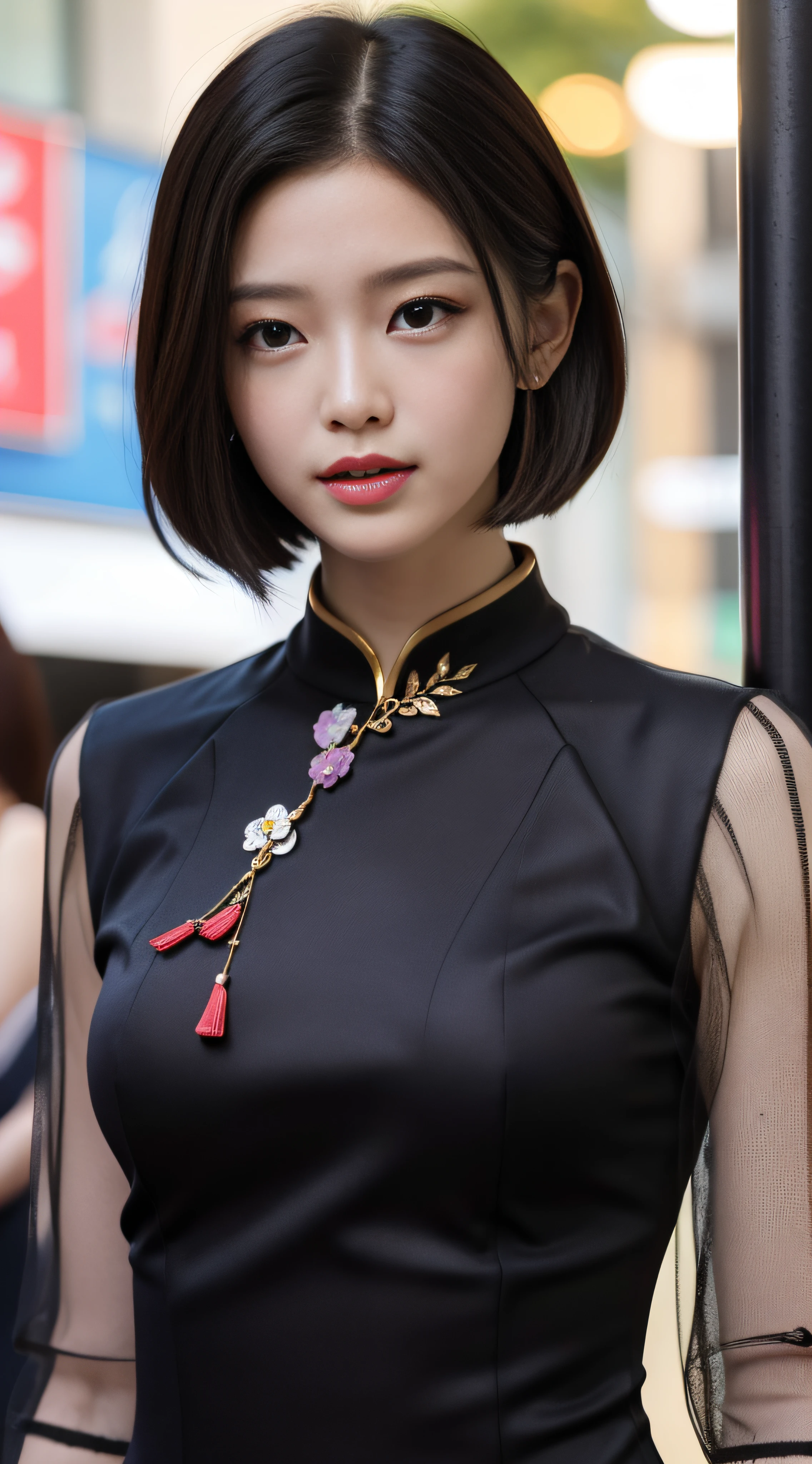 A beautiful girl, exquisite facial features, exquisite face, black Hong Kong style short hair, exquisite hairstyle, beautiful and pure, refined temperament, model figure, slim and slender figure, noble cheongsam, upper body close-up, 8k resolution, the highest picture quality, real texture 5.0, Cosmo Lady, street, chairman secretary, mature women, thin face