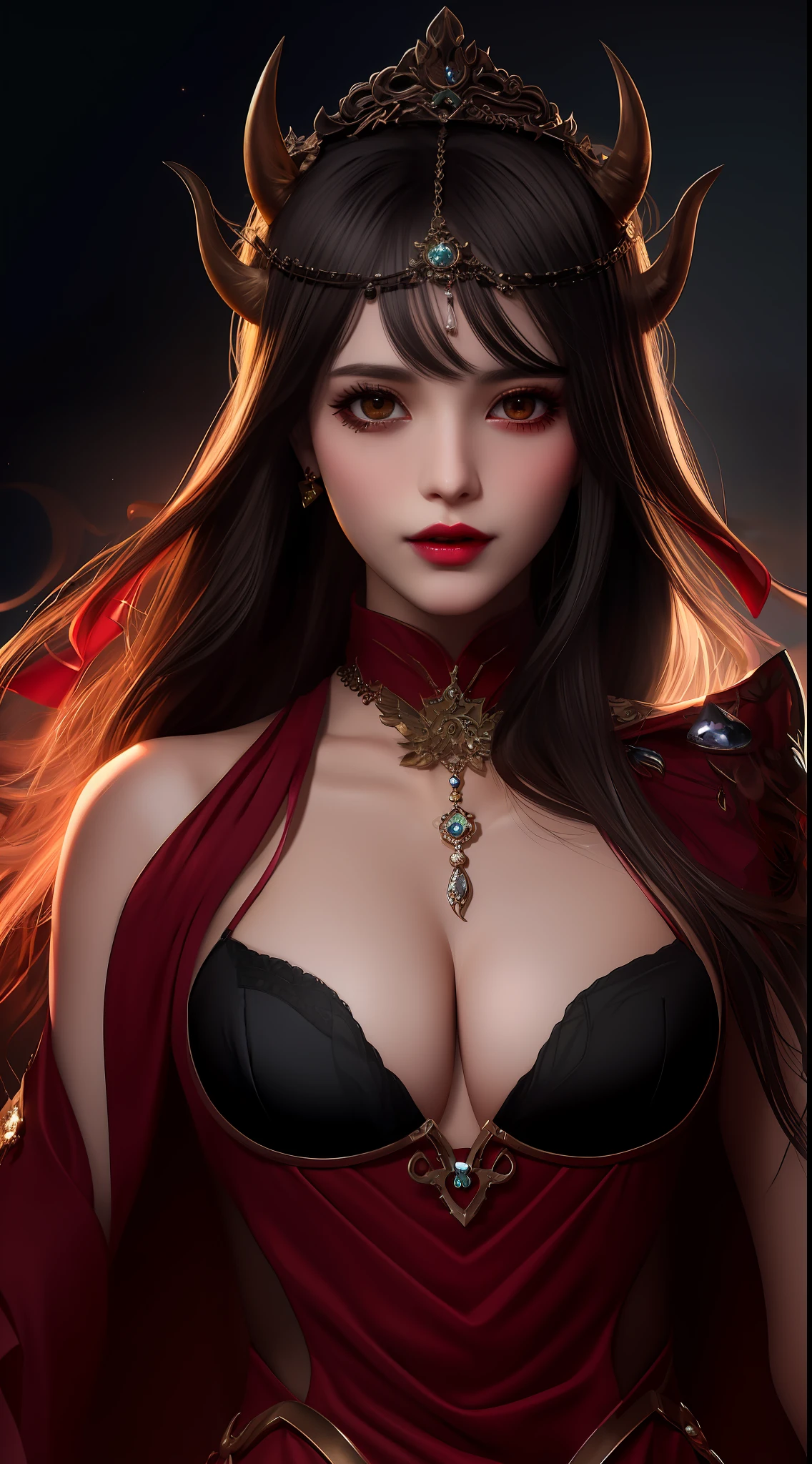 best quality, masterpiece, highres, 1girl, lingerie china armor, hair ornament, necklace, jewelry, Beautiful face, upon_body, tyndall effect, photorealistic, dark studio, rim lighting, two tone lighting, (high detailed skin:1.2), 8k uhd, dslr, soft lighting, high quality, volumetric lighting, candid, Photograph, high resolution, 4k, 8k, Bokeh, medium breasts, (light pink lips), 1 beautiful devil woman from hell, In the Dark: 1.6), surreal female portrait by David Hockney and Alphonse Mucha, fantasy art, korea doll, photorealism, dynamic lighting, artstation, poster, volumetric lighting, very detailed faces, 8k ultra, Awarded, in the dark, deep shadow, low key, cowboy lens, (Red phoenix dress: 1.4), long hair, black hair, bust, luxurious palace, Royal style, devil crown, red eyes make up very sharp and detailed, The most beautiful face, The breasts are very big and round and round, Super realistic, chinese women's clothing, polo neck sweater, Charming smile, The eyes are very well made up, guweiz, devil style, wearing black mesh socks, Ponytail with a bow tied at the back of the hair, Red black lips, Devil tattoo on shoulder, wearing a thin red and black robe, the landscape is overcast and thunderous, (Portrait), Close-up of the main character, (Background details 1.8),(white armpit, fresh and beautiful), (full body)