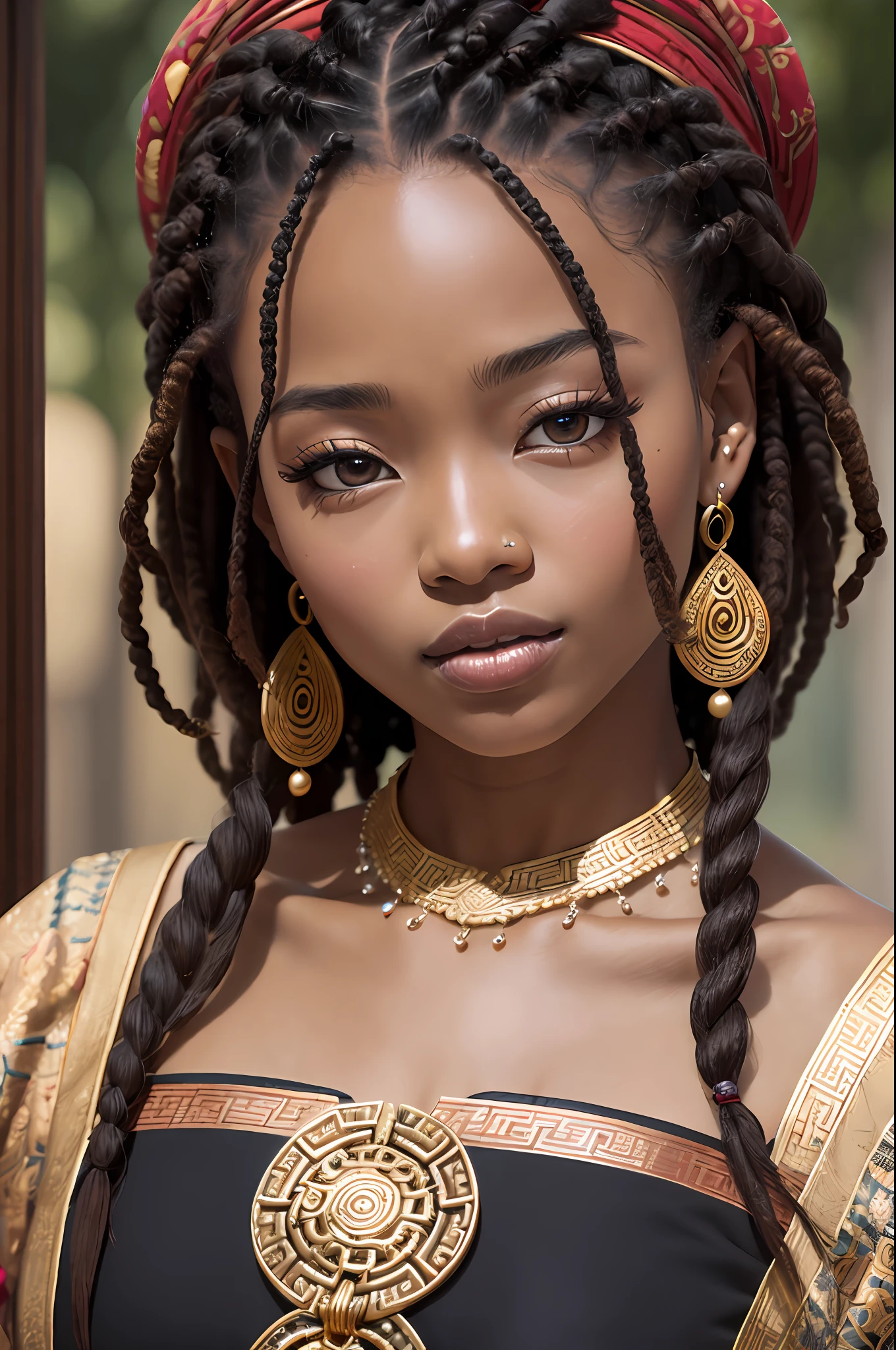 (masterpiece), (4k quality), (detailed), 1girl, African-Asian, Nigerian-Chinese, brown eyes, black hair, short hair, ((dark skin)), monolid eyes, nubian nose shapes, African lips, epicanthal folds, earrings, dreadlocks, braiding hair, Chinese dress, necklace