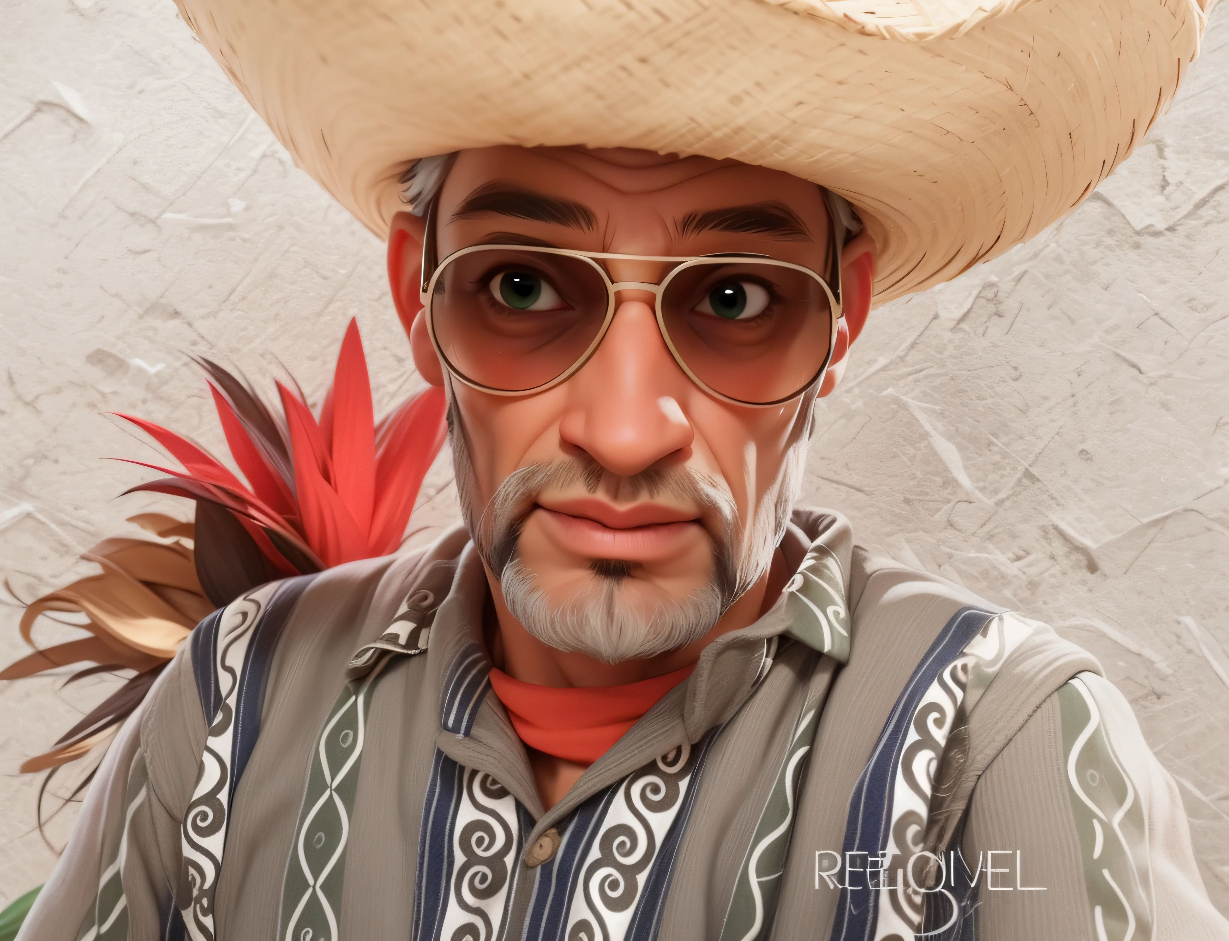 Lord of about 65 years gray hair, light brunette,straw hat on head, sunglasses, masterpiece, best quality, 3d rending work, 3DMM style, close-up, portrait, 3D, realistic, upper body, radio studio background, looking away, light brown eyes,white beard, fleshy lips, striped shirt green colors, white.