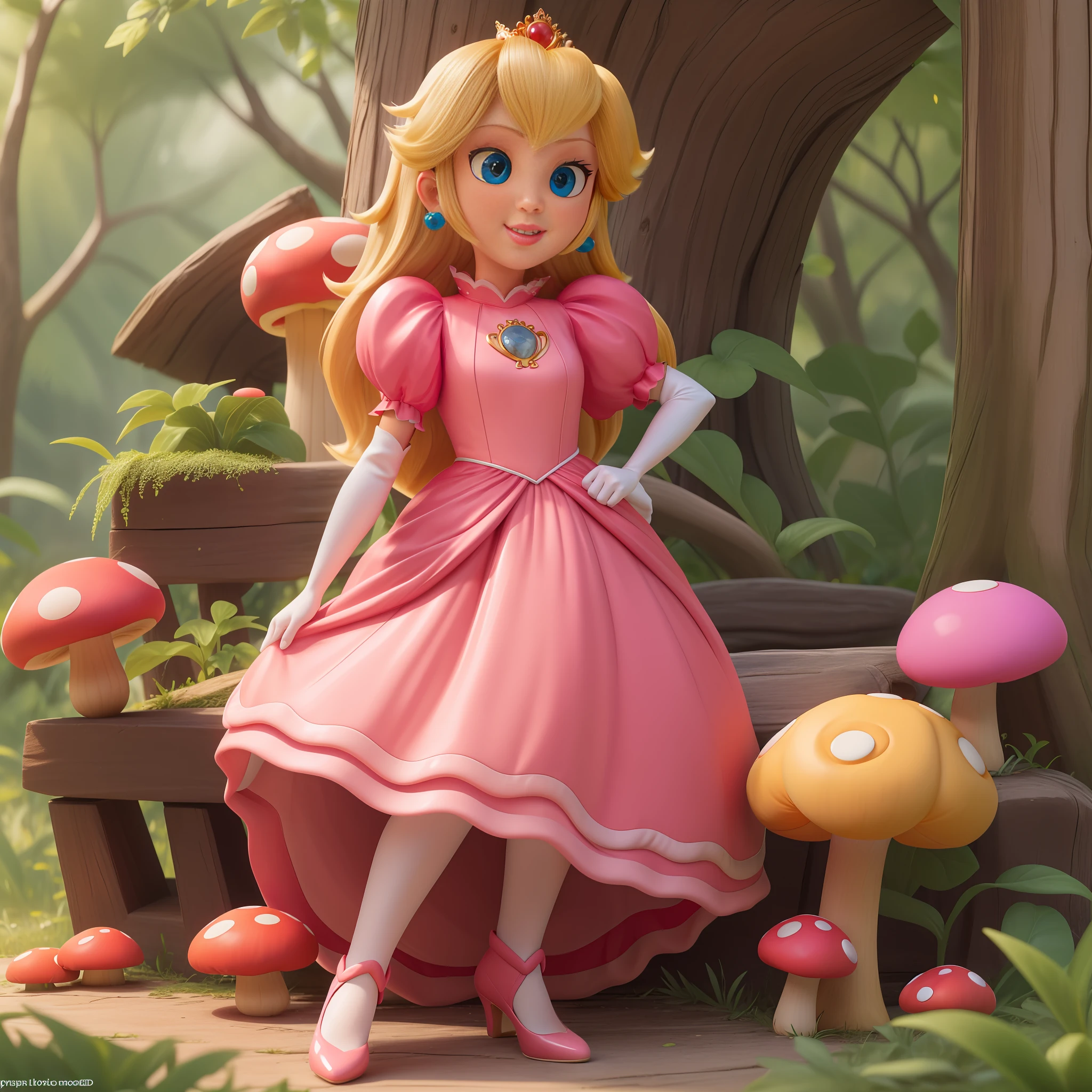 PrincessPeach is very shoked
highres, masterpiece, perfect ligthing, bloom, cinematic lighting, adult, perfect skin, female, looking at viewer, full body shot, smile, narrow waist, skinny, (PrincessPeach), (Princess Peach), (Pink Dress), detailled eyes, blue eyes, sensual, mushrooms,mushroom kingdom, pink lips, ((glossy lips)), pursed lips, pink pumps, glossy skin, oily skin, beautiful light, (day:1.3), bright