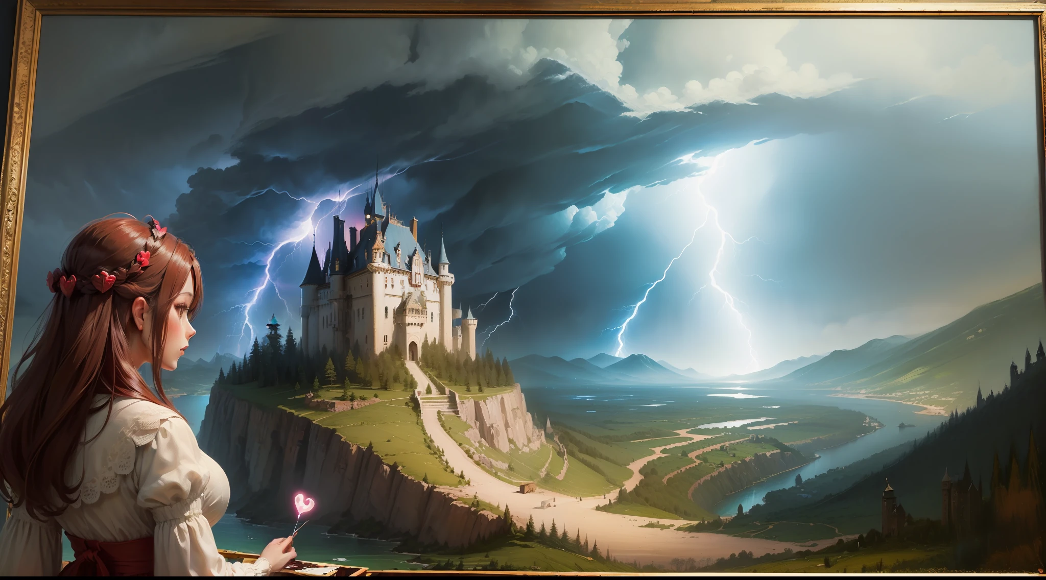 ((((heart symbol + landscape painting)) OR Contents: castle, female, thunderstorm, birds))