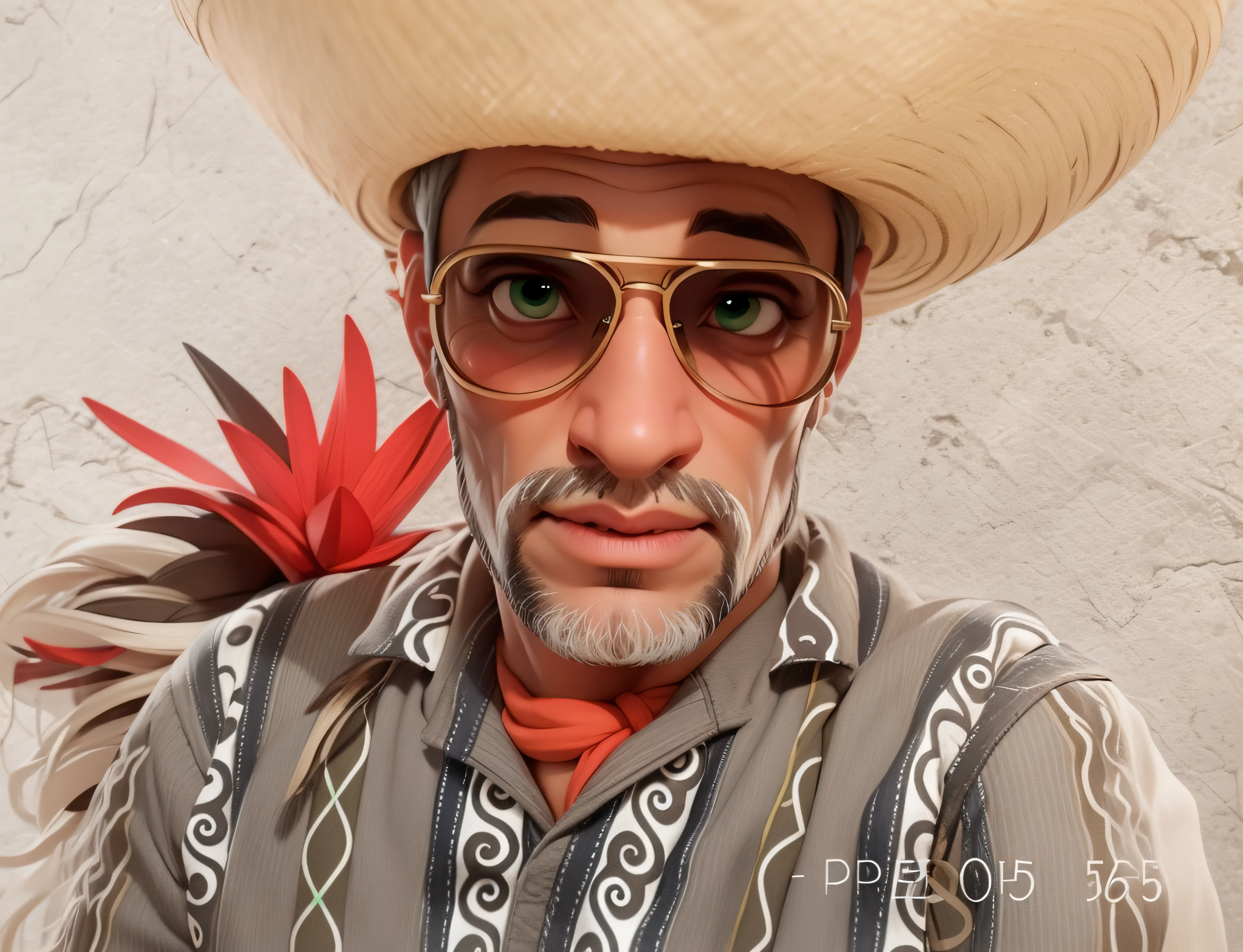 Lord of about 65 years gray hair, light brunette,straw hat on head, sunglasses, masterpiece, best quality, 3d rending work, 3DMM style, close-up, portrait, 3D, realistic, upper body, radio studio background, looking away, light brown eyes,white beard, fleshy lips, striped shirt green colors, white.