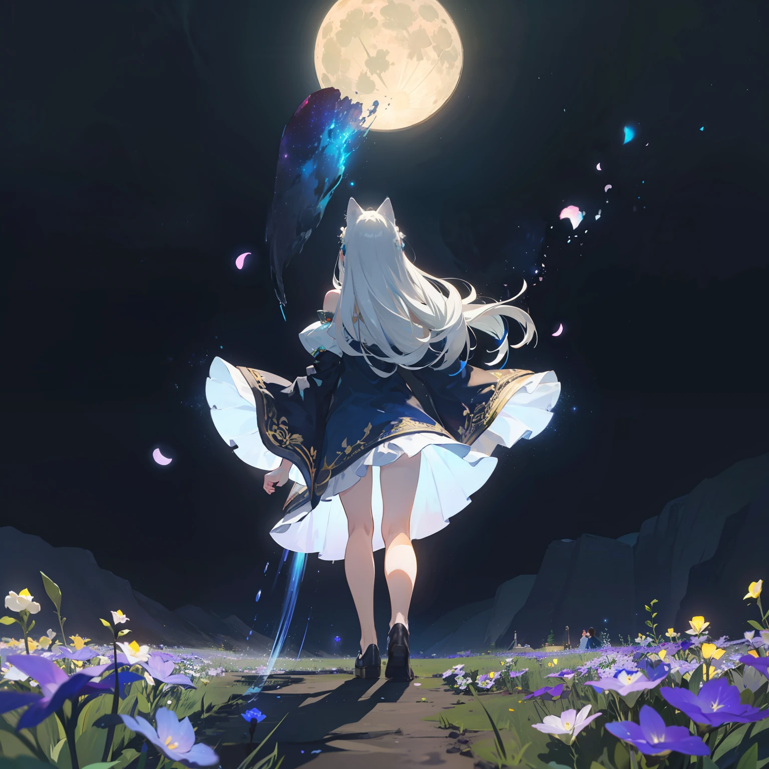 Extensive landscape photo , (above and below looking down), girl standing in flower field looking up, (full moon:1.2), ( shooting stars:0.9), (nebula:1.3), starry sky, white flower field, flower field shining, fantastic flower field, tree , (warm light source:1.2), (firefly:1. 2), lamp, orange and blue mostly fine details, voluminous lighting BREAK (Masterpiece:1.2), (top quality), 4k, super detailed, (dynamic composition:1.4), very fine details, colorful details, ( iridescent:1.2), (glowing lighting, atmospheric lighting), dreamy, fantastic, (solo:1.2), sparkling, glow, petals dancing, white hair, beautiful hair, long hair, cat ears, back view, water effects, soap bubbles, posed, hands are hidden in sleeves, Large lacy sleeves