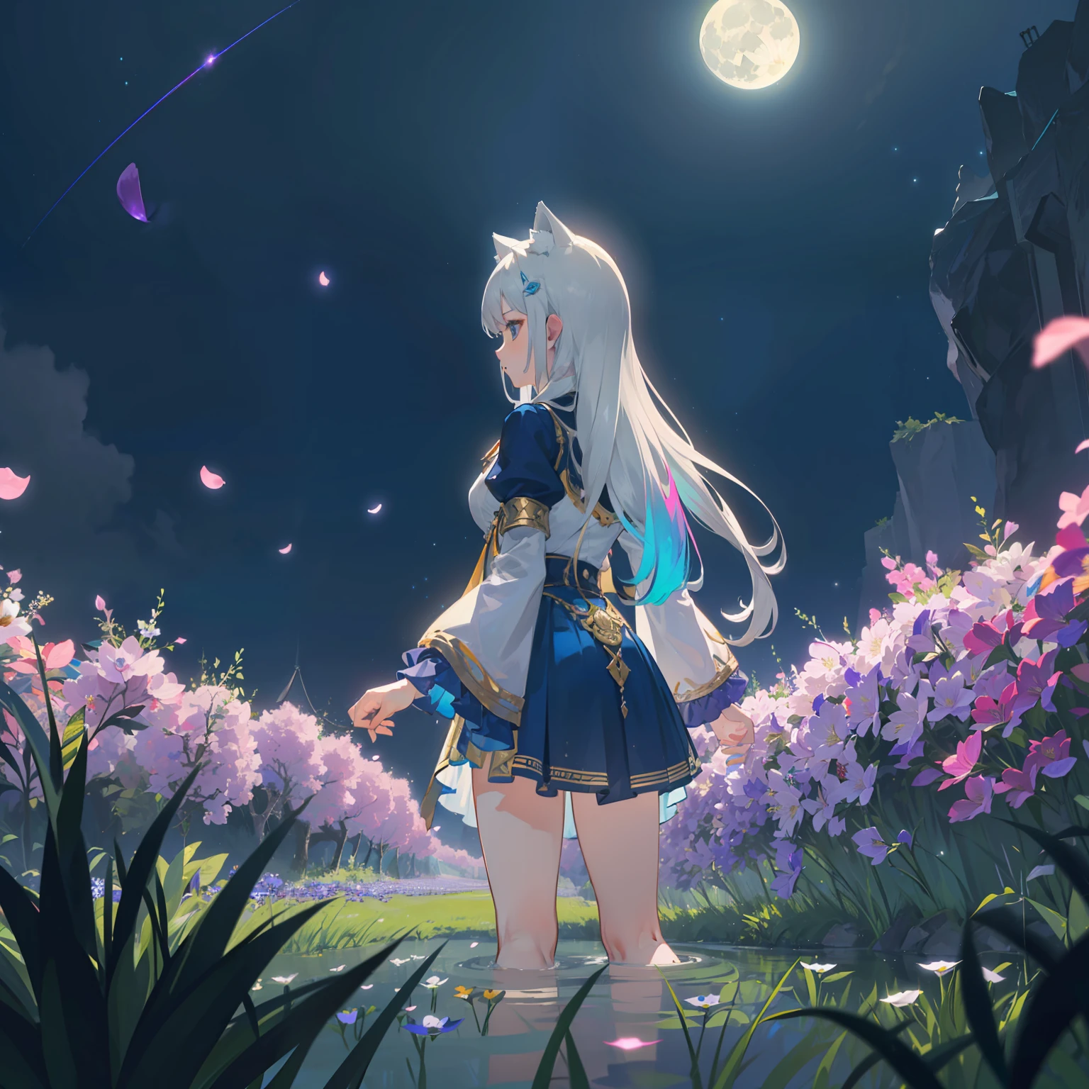 Extensive landscape photo , (above and below looking down), girl standing in flower field looking up, (full moon:1.2), ( shooting stars:0.9), (nebula:1.3), starry sky, white flower field, flower field shining, fantastic flower field, tree , (warm light source:1.2), (firefly:1. 2), lamp, orange and blue mostly fine details, voluminous lighting BREAK (Masterpiece:1.2), (top quality), 4k, super detailed, (dynamic composition:1.4), very fine details, colorful details, ( iridescent:1.2), (glowing lighting, atmospheric lighting), dreamy, fantastic, (solo:1.2), sparkling, glow, petals dancing, white hair, beautiful hair, long hair, cat ears, back view, water effects, soap bubbles, posed, hands are hidden in sleeves, Large lacy sleeves