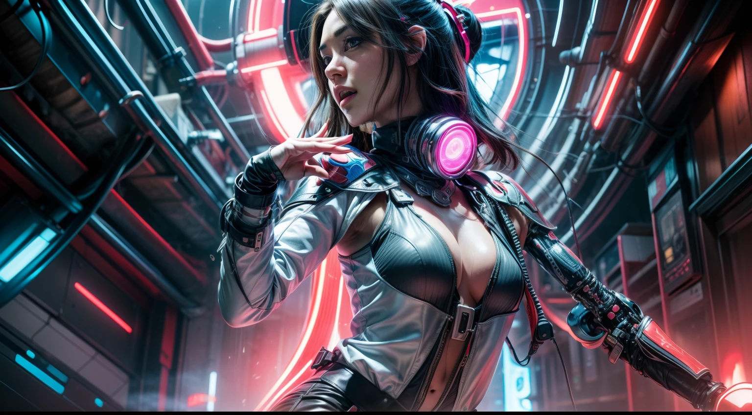 official art, unity 8k wallpaper, ultra detailed, beautiful and aesthetic, masterpiece, best quality, 1girl, extremely detailed, dynamic angle, elegant, atmospheric, ecstasy of life, mechanical arm, neon lights, leather pants
