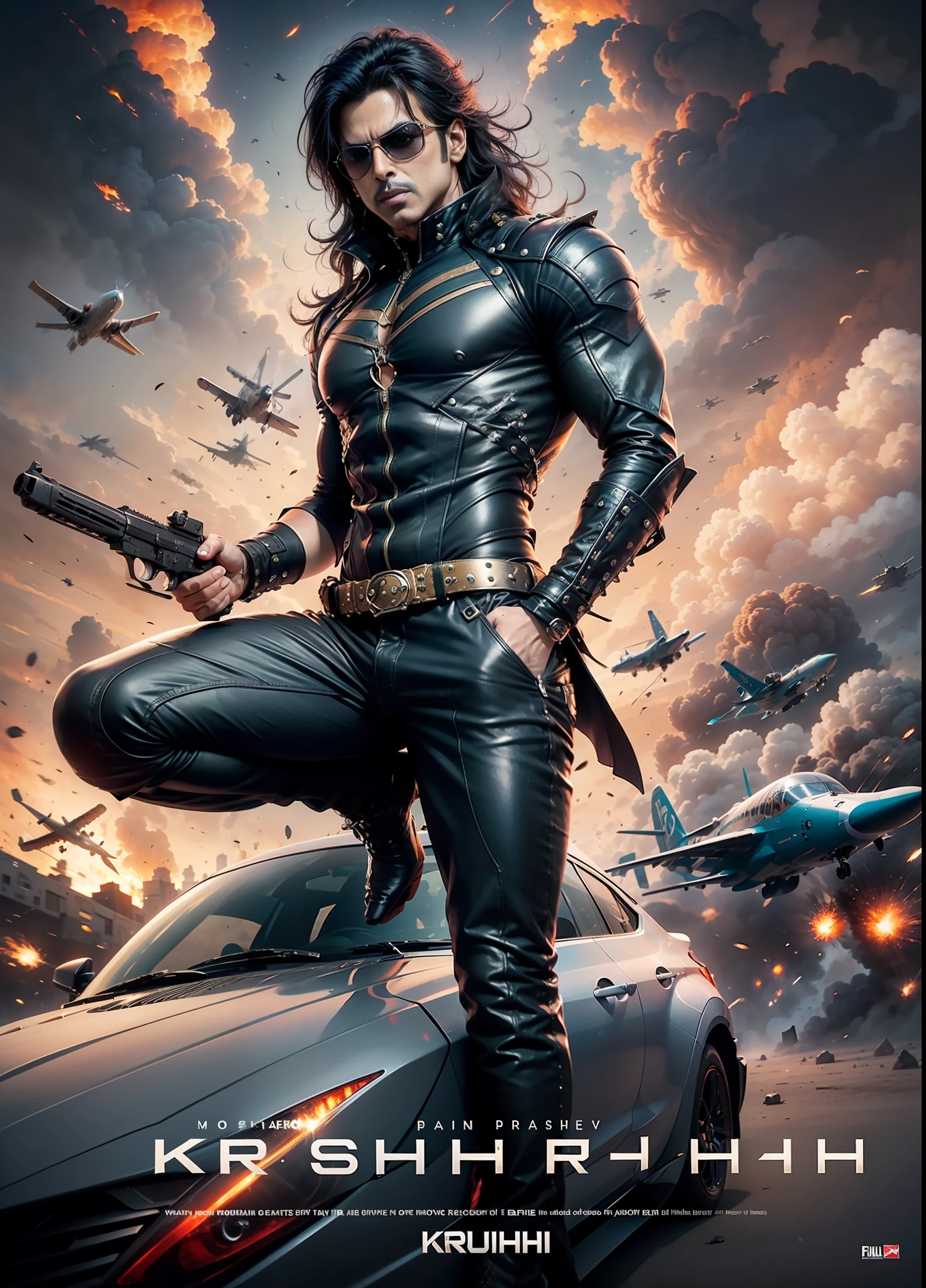 Movie poster krrish, sunglasses, rivets, explosions, guns, cars, planes, one person, full body.