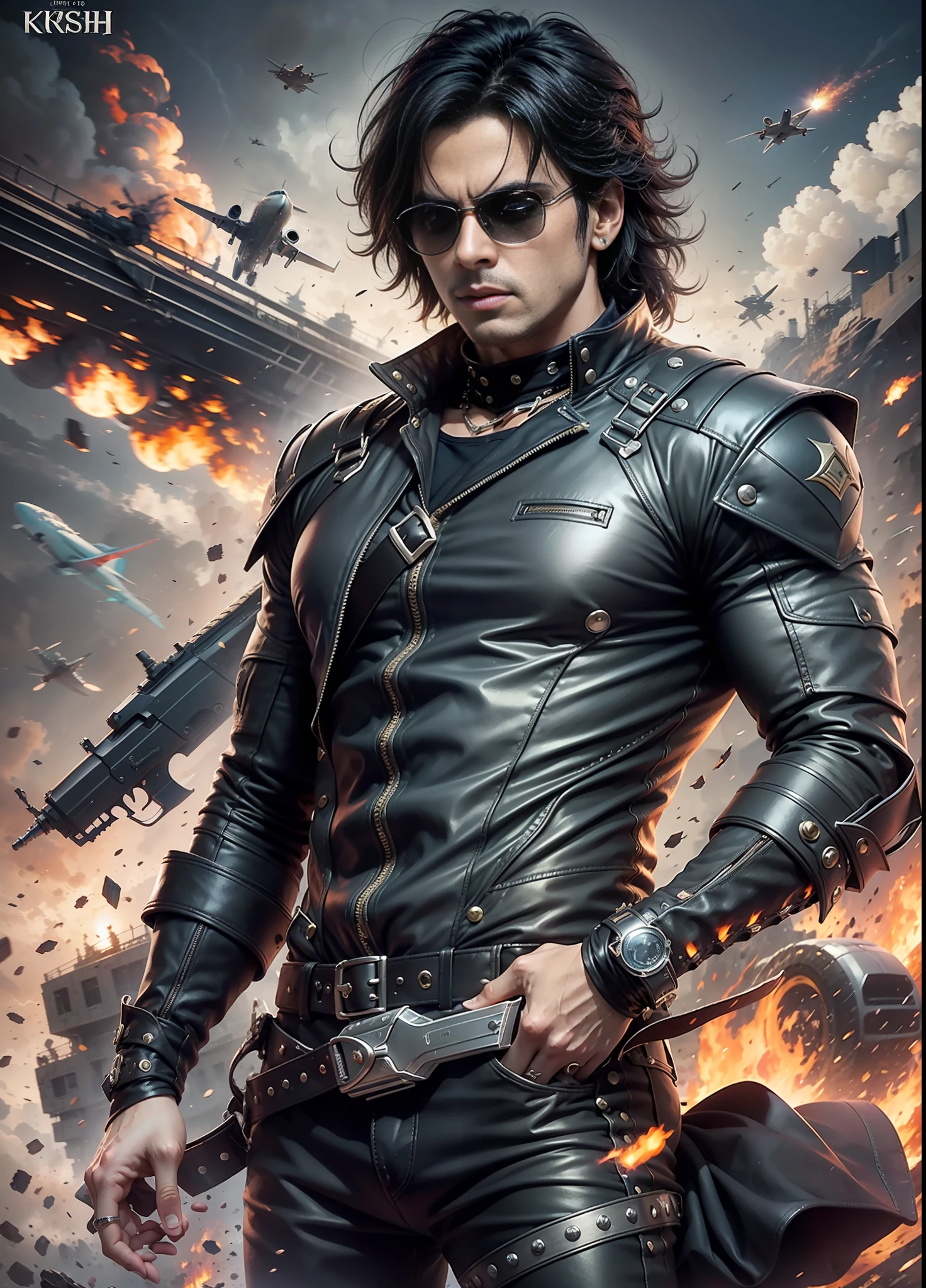 Movie poster krrish, sunglasses, rivets, explosions, guns, cars, planes, one person, full body.