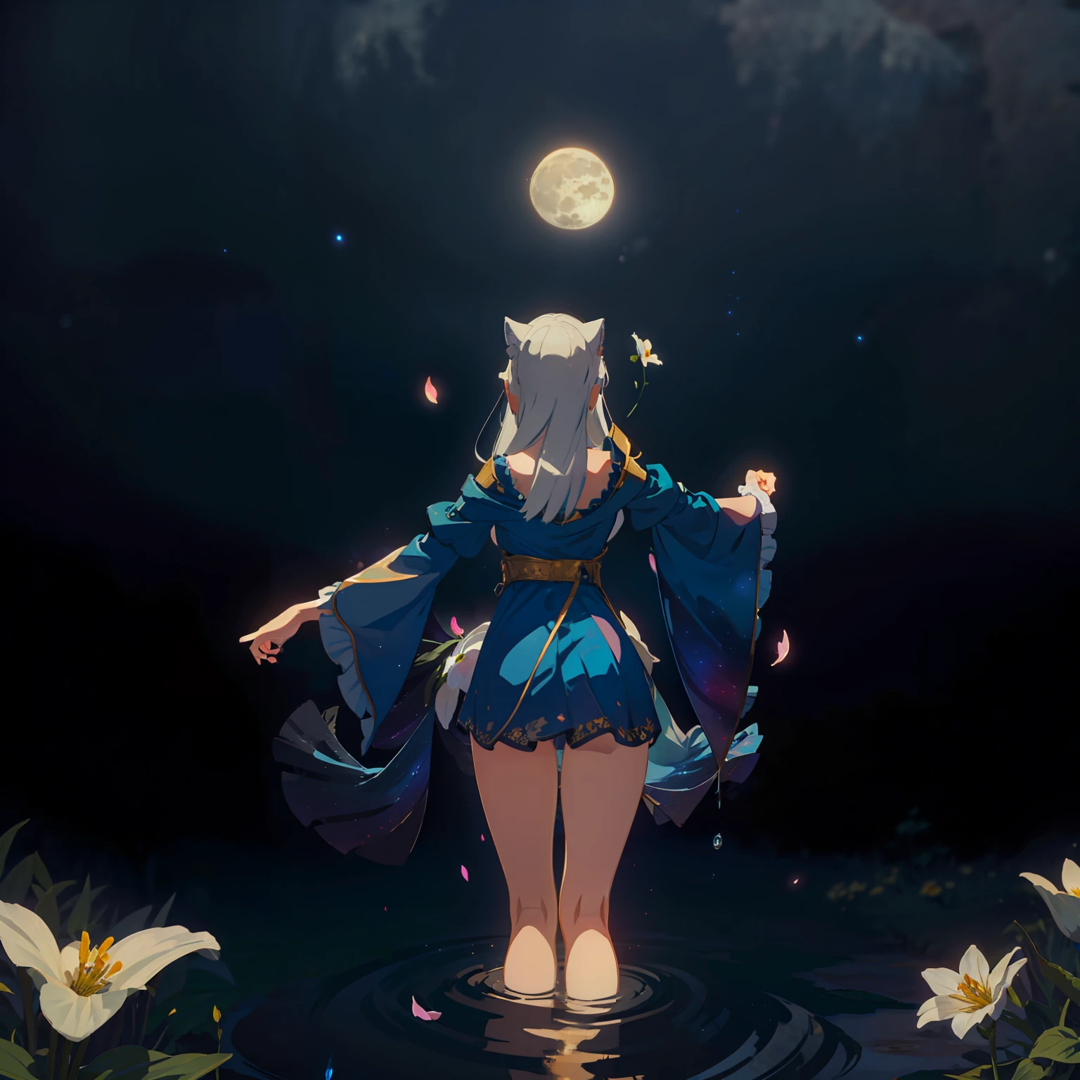 Extensive landscape photo , (above and below looking down), girl standing in flower field looking up, (full moon:1.2), ( shooting stars:0.9), (nebula:1.3), starry sky, white flower field, flower field shining, fantastic flower field, tree , (warm light source:1.2), (firefly:1. 2), lamp, orange and blue mostly fine details, voluminous lighting BREAK (Masterpiece:1.2), (top quality), 4k, super detailed, (dynamic composition:1.4), very fine details, colorful details, ( iridescent:1.2), (glowing lighting, atmospheric lighting), dreamy, fantastic, (solo:1.2), sparkling, glow, petals dancing, white hair, beautiful hair, long hair, cat ears, back view, water effects, soap bubbles, posed, hands are hidden in sleeves, Large lacy sleeves