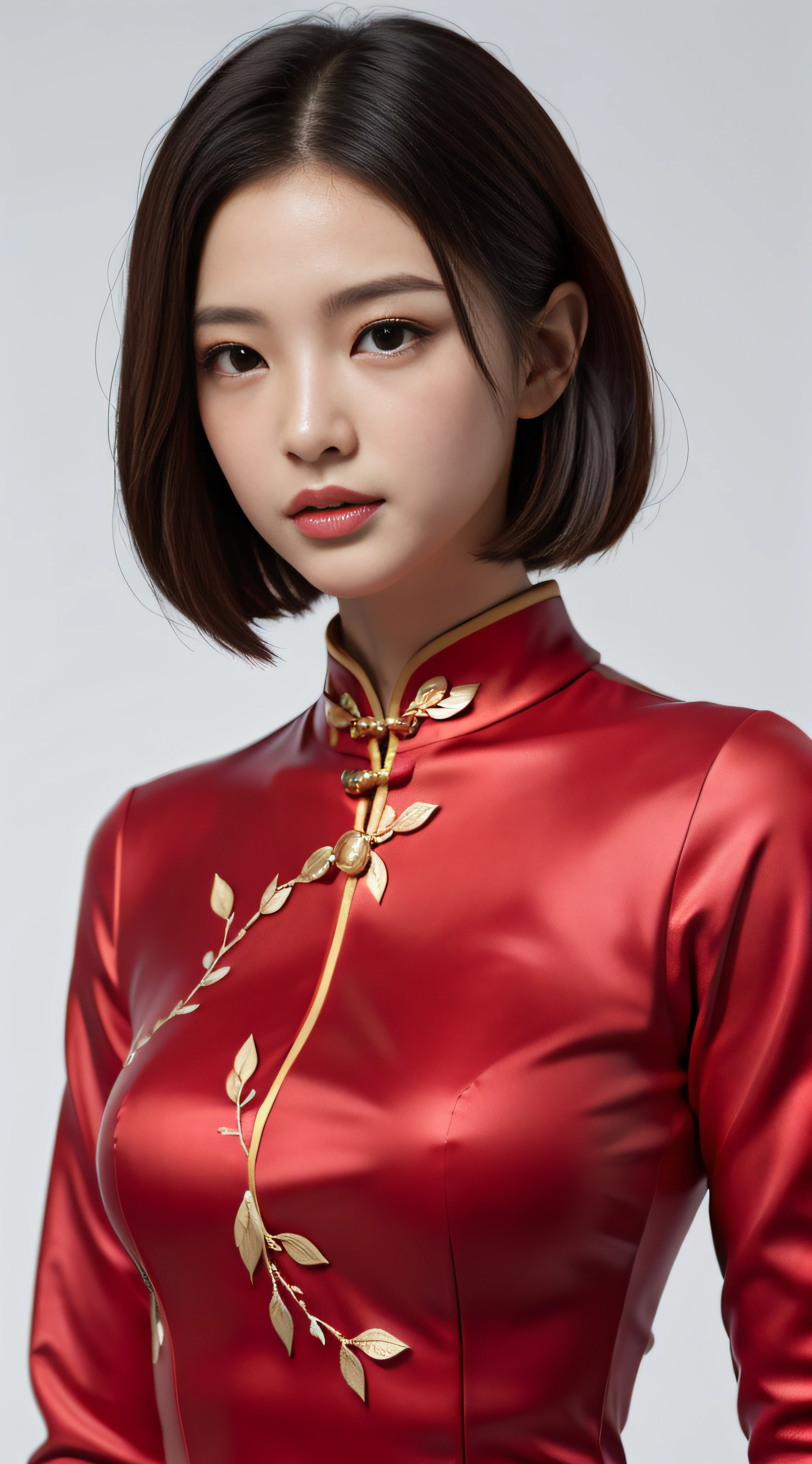 A beautiful girl, exquisite facial features, exquisite face, black Hong Kong style short hair, exquisite hairstyle, beautiful and pure, refined temperament, model figure, slim and slender figure, noble cheongsam, upper body close-up, 8k resolution, the highest picture quality, real texture 5.0, Cosmo Lady, street, chairman secretary, mature women, thin face