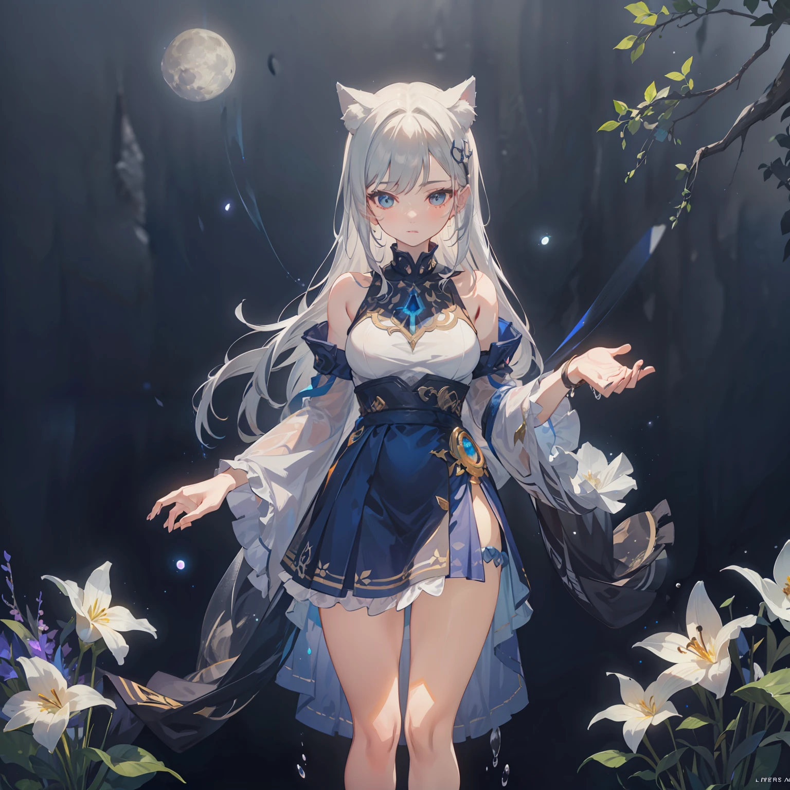 Extensive landscape photo , (above and below looking down), girl standing in flower field looking up, (full moon:1.2), ( shooting stars:0.9), (nebula:1.3), starry sky, white flower field, flower field shining, fantastic flower field, tree , (warm light source:1.2), (firefly:1. 2), lamp, orange and blue mostly fine details, voluminous lighting BREAK (Masterpiece:1.2), (top quality), 4k, super detailed, (dynamic composition:1.4), very fine details, colorful details, ( iridescent:1.2), (glowing lighting, atmospheric lighting), dreamy, fantastic, (solo:1.2), sparkling, glow, petals dancing, white hair, beautiful hair, long hair, cat ears, back view, water effects, soap bubbles, posed, hands are hidden in sleeves, Large lacy sleeves