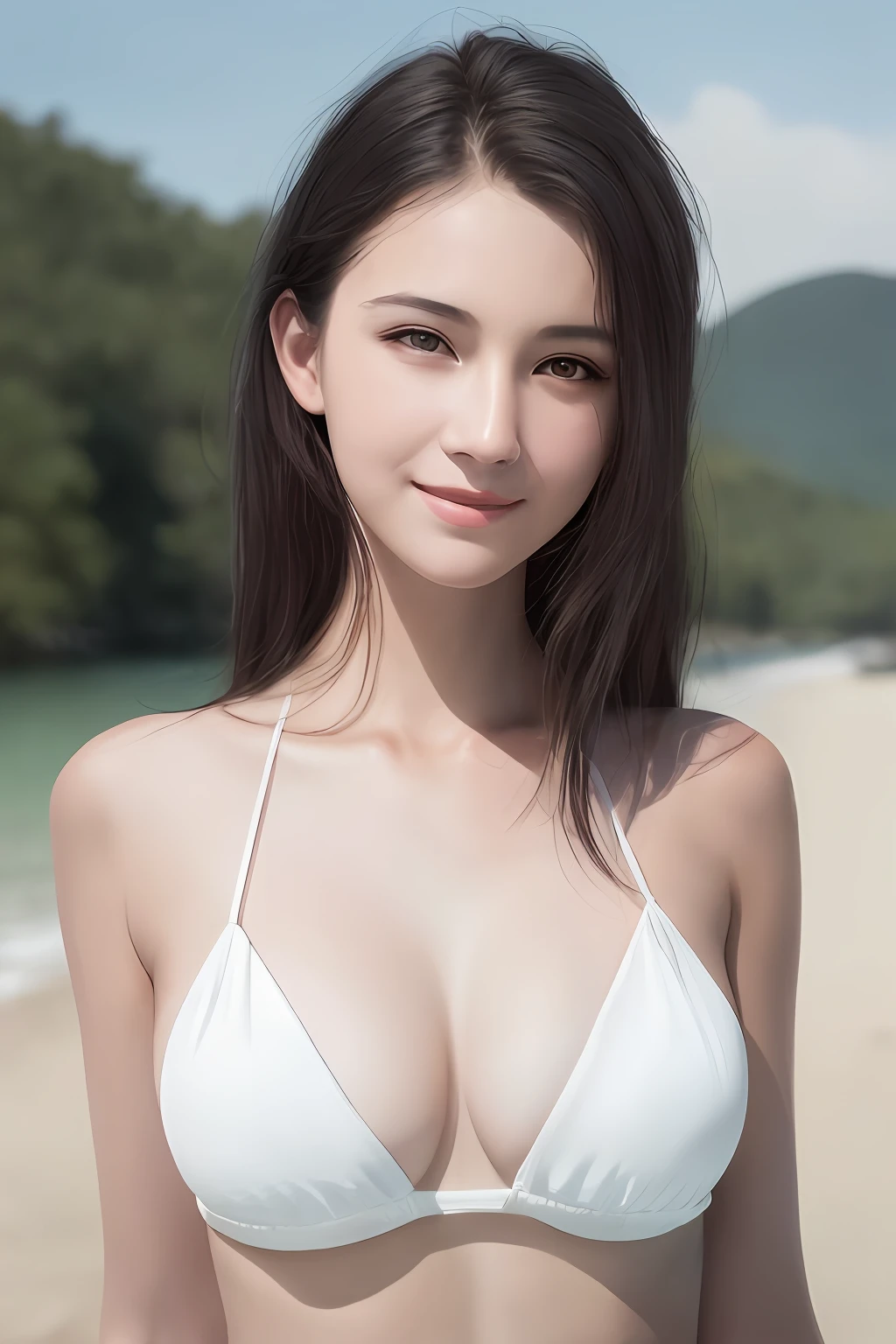 1 girl, smile, ((best quality, 8K, masterpiece: 1.3)), fat body beauty: 1.4, beautiful breasts, highly detailed face and skin texture, delicate eyes, double eyelids, round face, thin lips, smile, rich, fair skin, landscape background detailed face, viewer look, white bikini, depth of field, 8k, RAW photos, photorealistic, perfect light, pale skin, Perfect ???????, super high resolution, ridiculous, very complex,