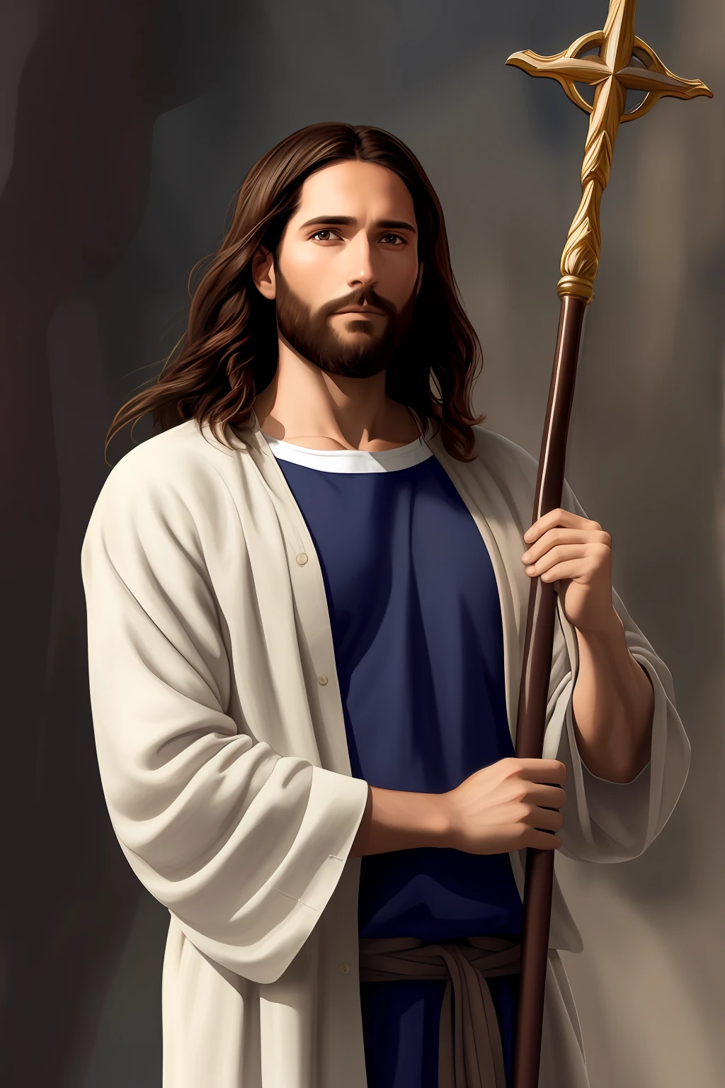 A beautiful ultra-thin realistic portrait of Jesus holding the Bible, the prophet, a 33 year old man Hebrew brunette, short brown hair, long brown beard, with staff in hand, wearing long linen tunic closed at the chest part, in front view, full body, biblical, realistic, Digital art, style, watercolor