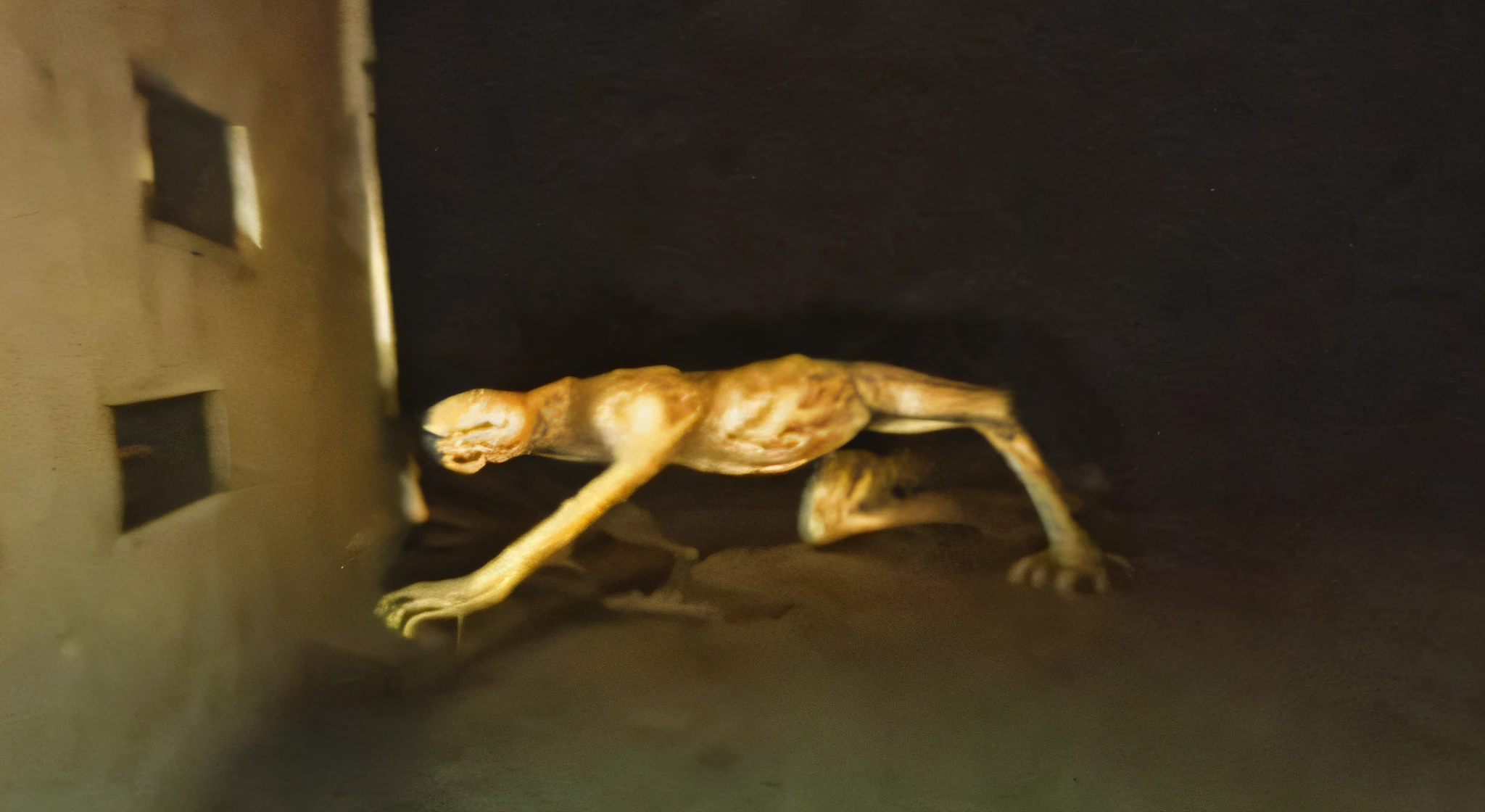 empty shool building at night,cockroach like humanoid creature crawling behind the corner, hyperrealistic
