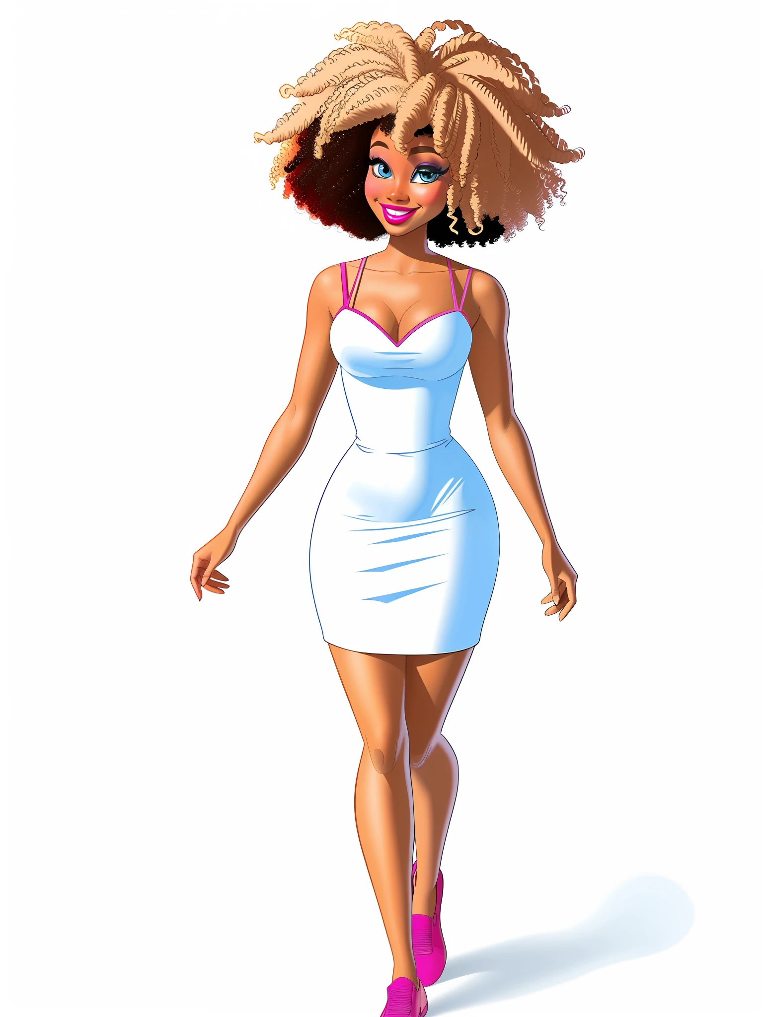 Drawing of a 20 year old woman black (afro curly hair) full body, linear, outlines, perfect for the page of a coloring book, (disney art style), white background red hair