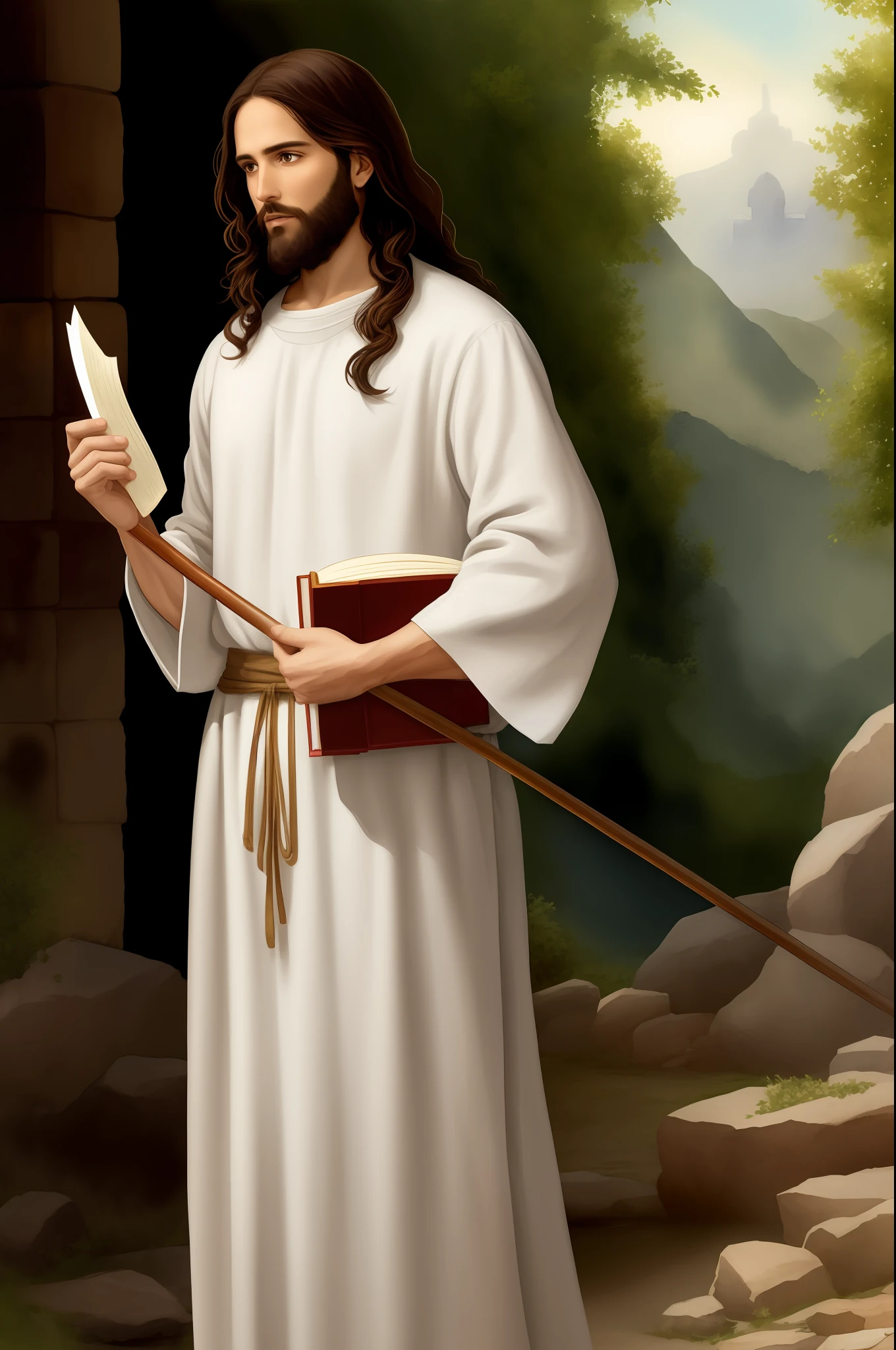 A beautiful ultra-thin realistic portrait of Jesus holding the Bible, the prophet, a 33 year old man Hebrew brunette, short brown hair, long brown beard, with staff in hand, wearing long linen tunic closed at the chest part, in front view, full body, biblical, realistic, Digital art, style, watercolor