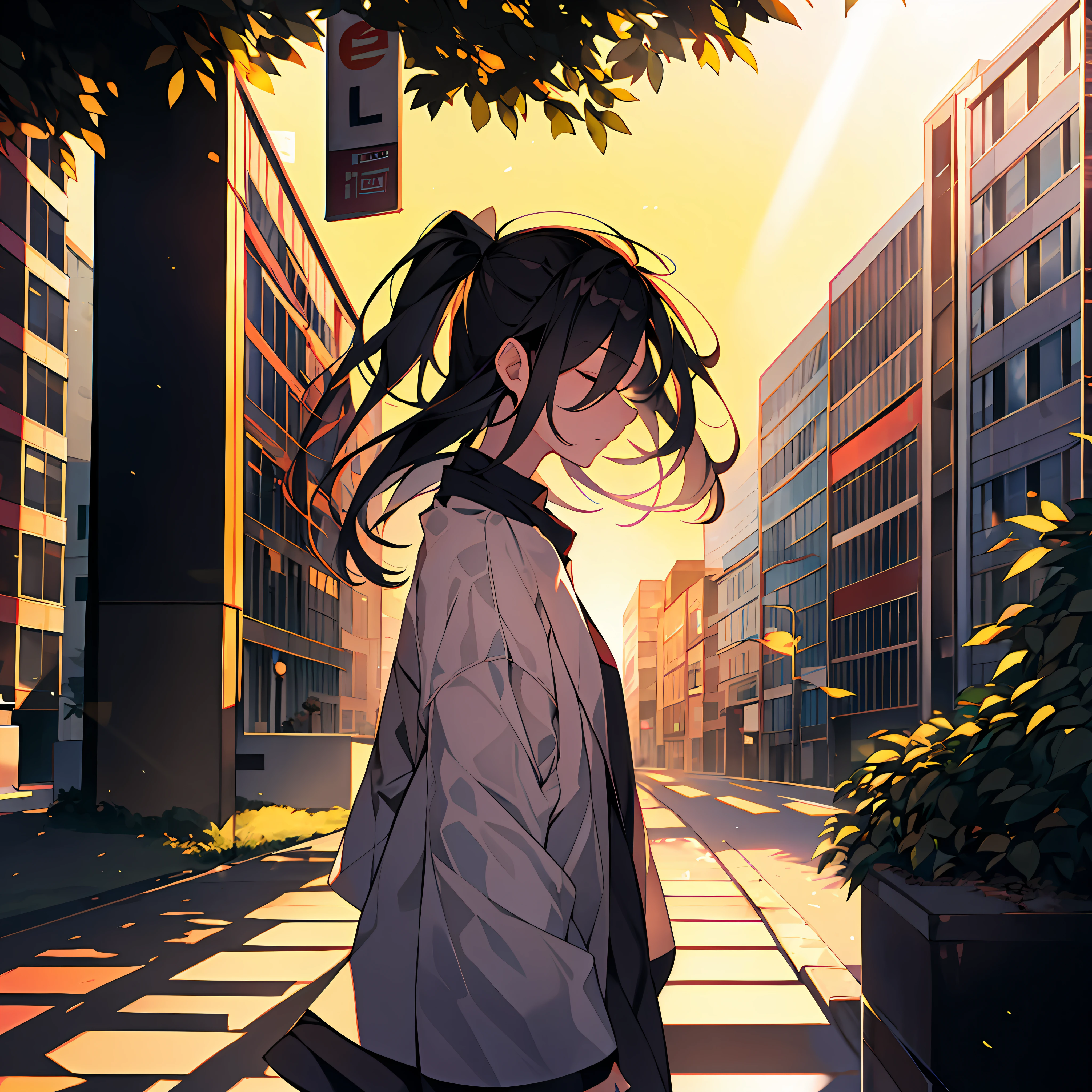 a girl standing on a sunlit street, sunlight filtering through the leaves onto her, casting bright spots of light, the girl slightly closes her eyes, enjoying the warmth of the sun, the background consists of the silhouette of the street and buildings, creating a serene and contemplative atmosphere
