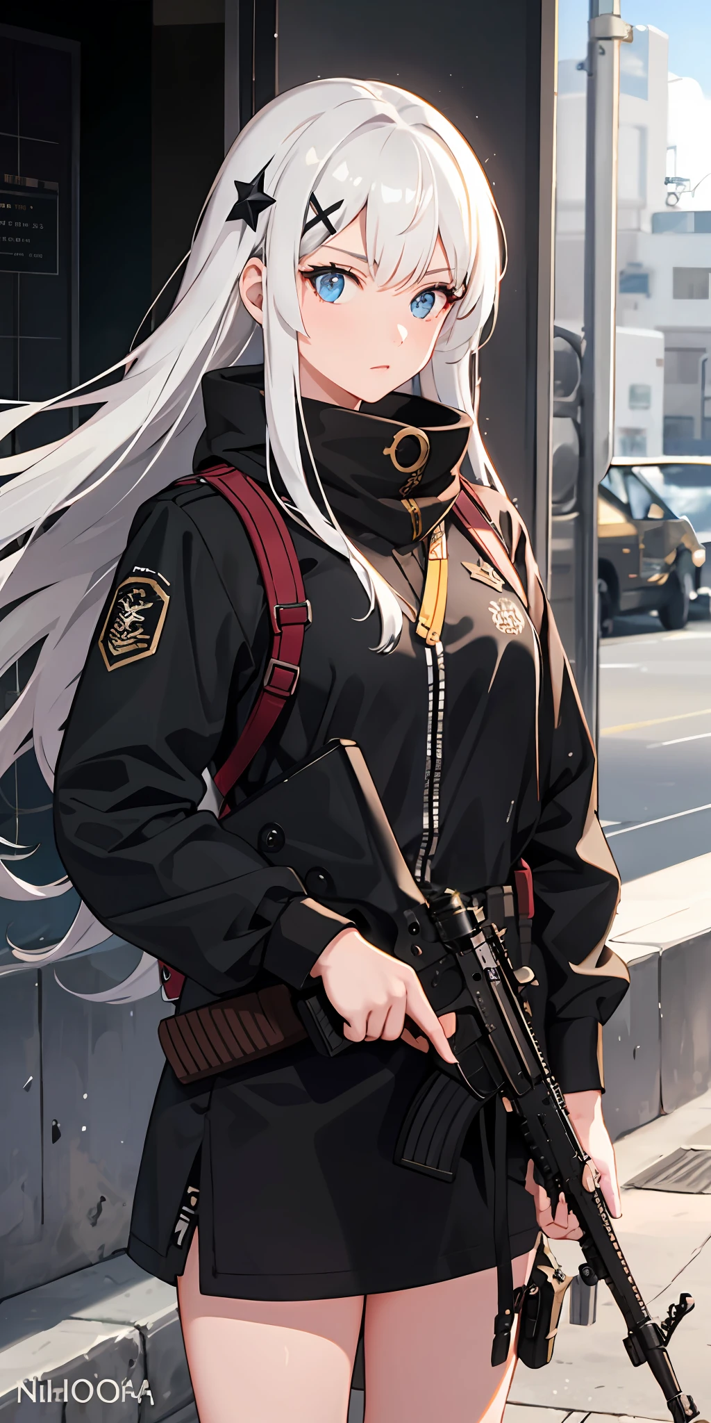 1girl, AN94, Girl frontline [AN94] Impact, AN94 in Girl Frontier, white hair, detailed black hairpin, blue eyes, AN94 clothes, AM94 combat equipment, AN94 assault rifle, Automat Nikonova 94,5,45-мм автомат Никонова обр. 1994 г., 1994 model 5.45 caliber Nikonov automatic rifle, Nikonov assault rifle, Automat Nikonova
