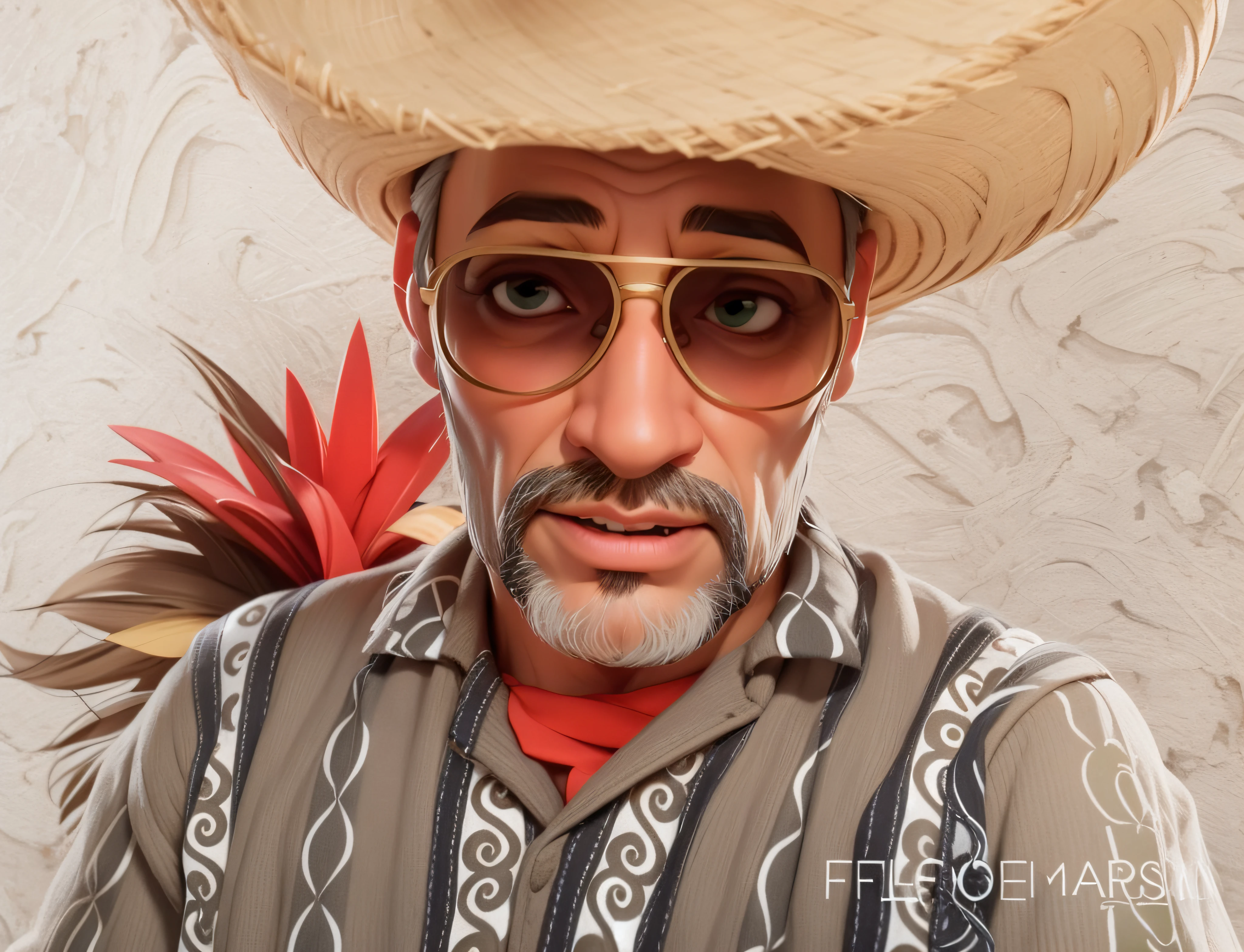 Lord of about 65 years gray hair, light brunette,straw hat on head, sunglasses, masterpiece, best quality, 3d rending work, 3DMM style, close-up, portrait, 3D, realistic, upper body, radio studio background, looking away, light brown eyes,white beard, fleshy lips, striped shirt green colors, white.