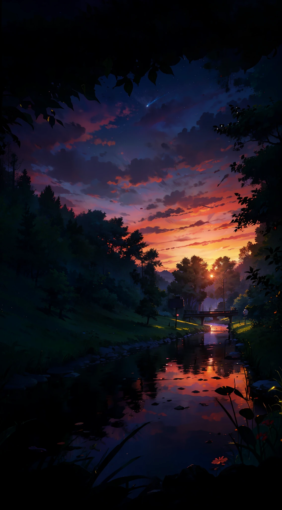 Summer, purple sunset sky, Runway: 1.2, Tree, Shooting Star, Small Waterhole, Reflection, Shady, sunset, Wide Angle, Best Quality, 8K, Perspective, Depth of Field, High Resolution, Fine Detail, Ultra Detail, Sharp Focus